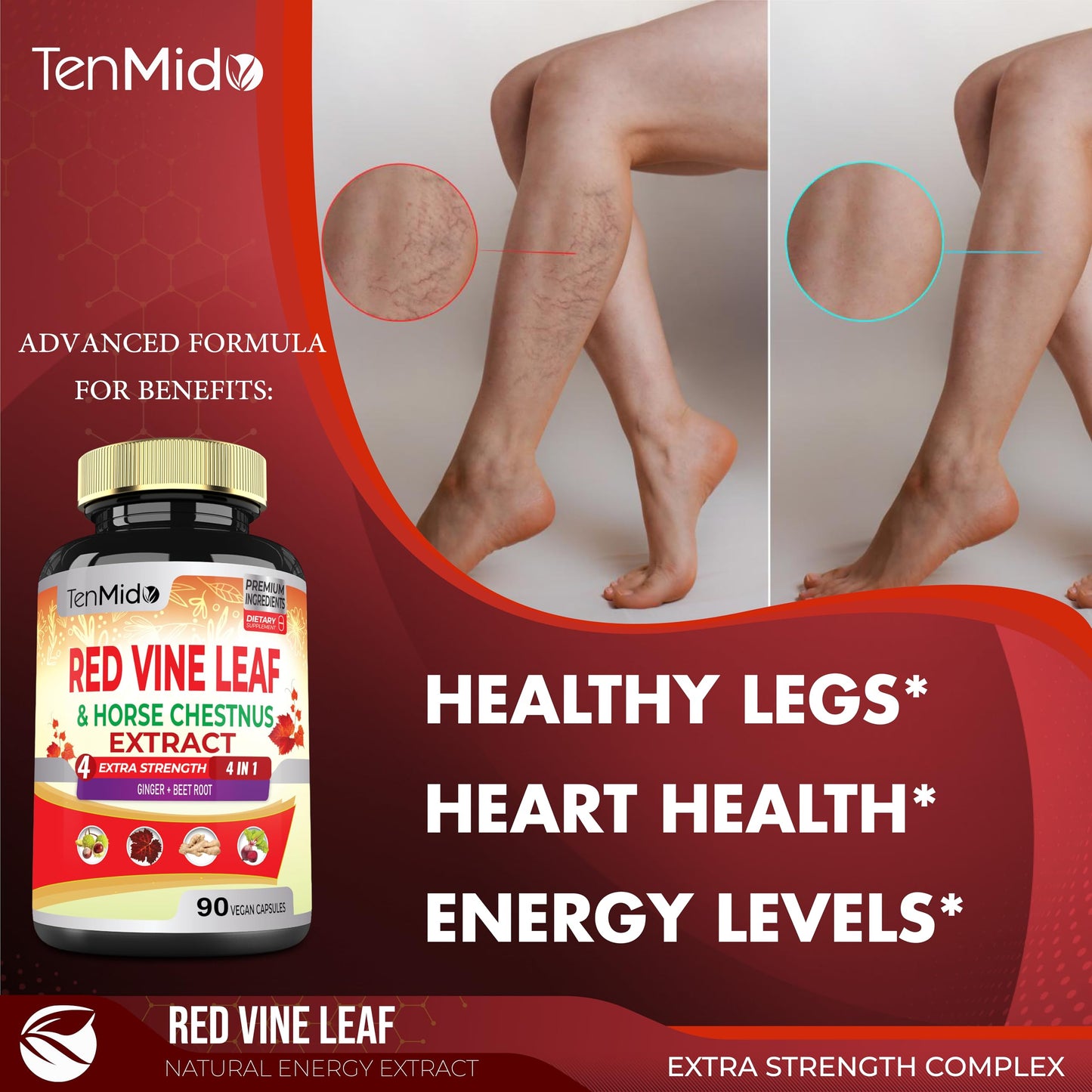 Tenmido Red Vine Leaf Extract Capsules with Horse Chestnut, Beet Root, Ginger - Herbal Supplement for Heart, Leg Vein & Energy, 120 Capsules