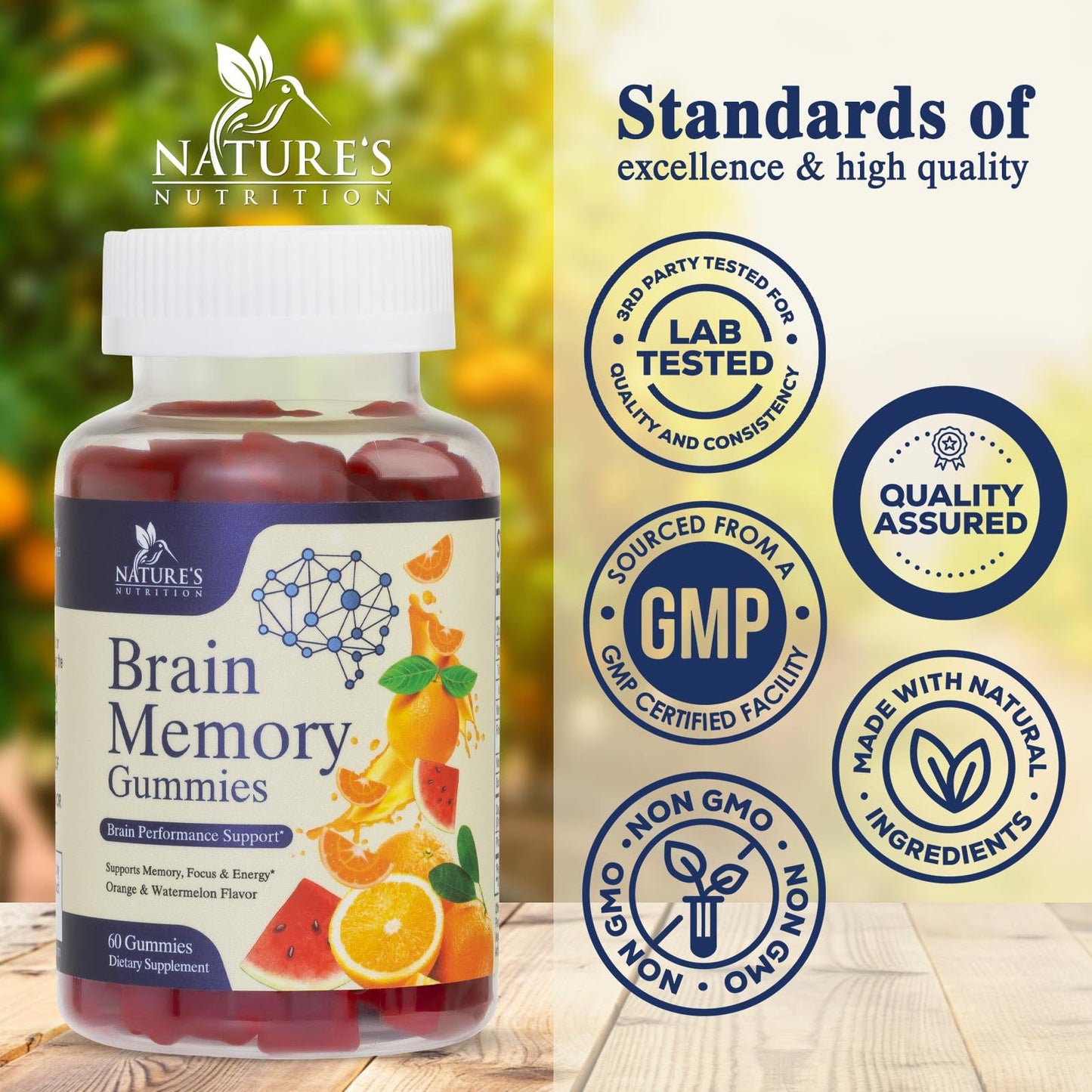 Nature's Nutrition Brain Supplements Gummies 3X Strength Nootropics for Memory, Focus, Concentration with Phosphatidylserine, B6, B12 - Clarity Support - 60 Gummies