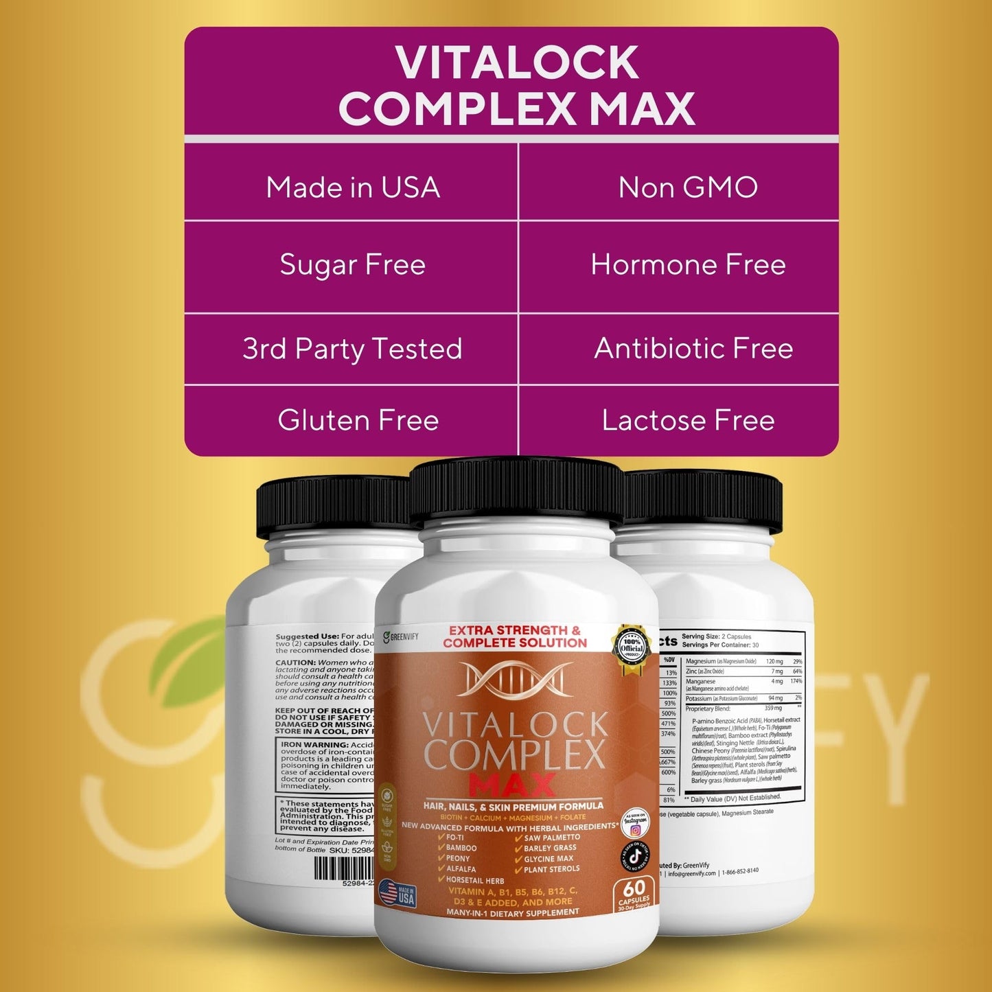 GREENVIFY Vitalock Complex MAX Hair, Nails & Skin Formula, Biotin, Folate, Vitamins A B C D E Capsules 60