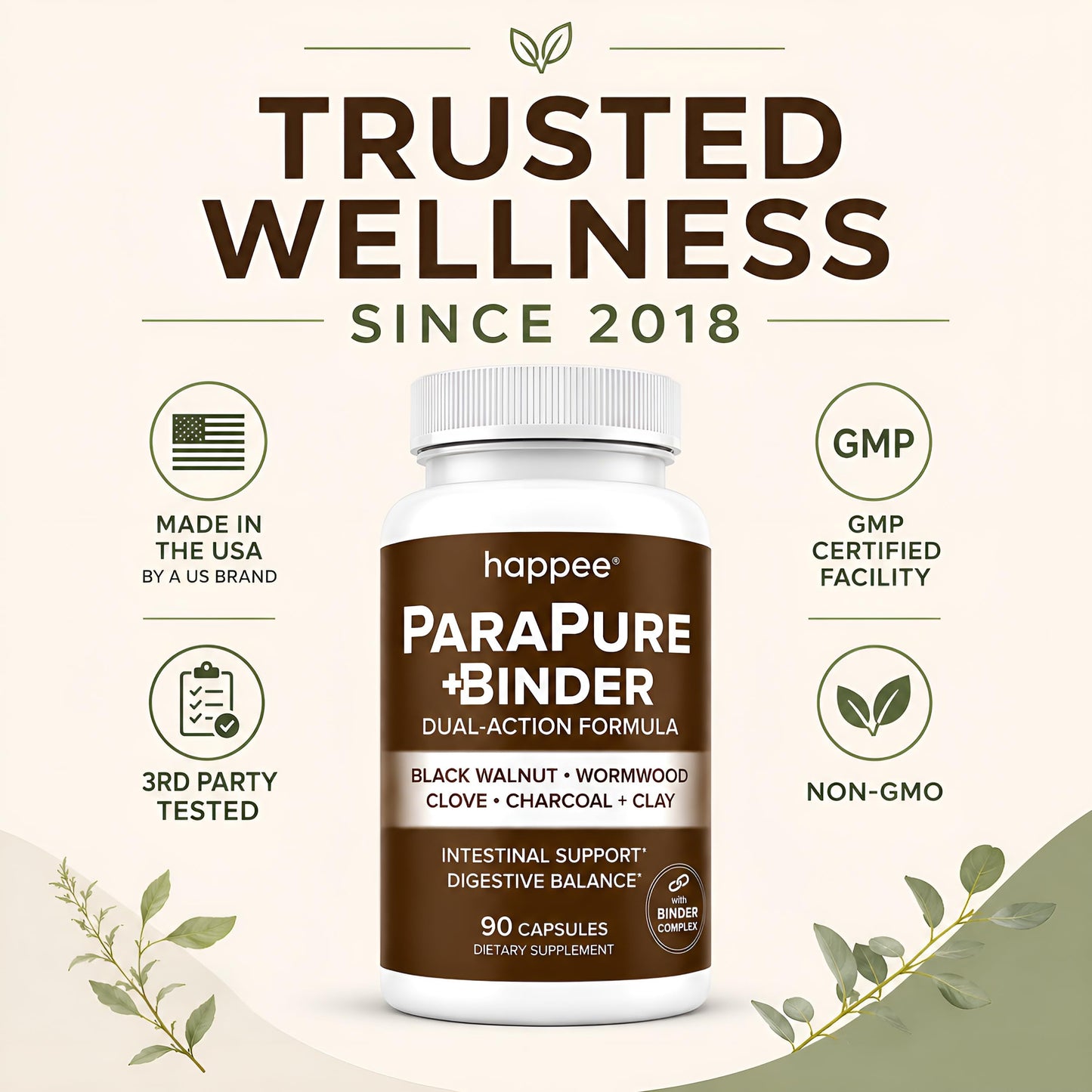 Happee ParaPure Cleanse with Binder for Humans, Intestinal Support, 2-in-1, 90 Capsules