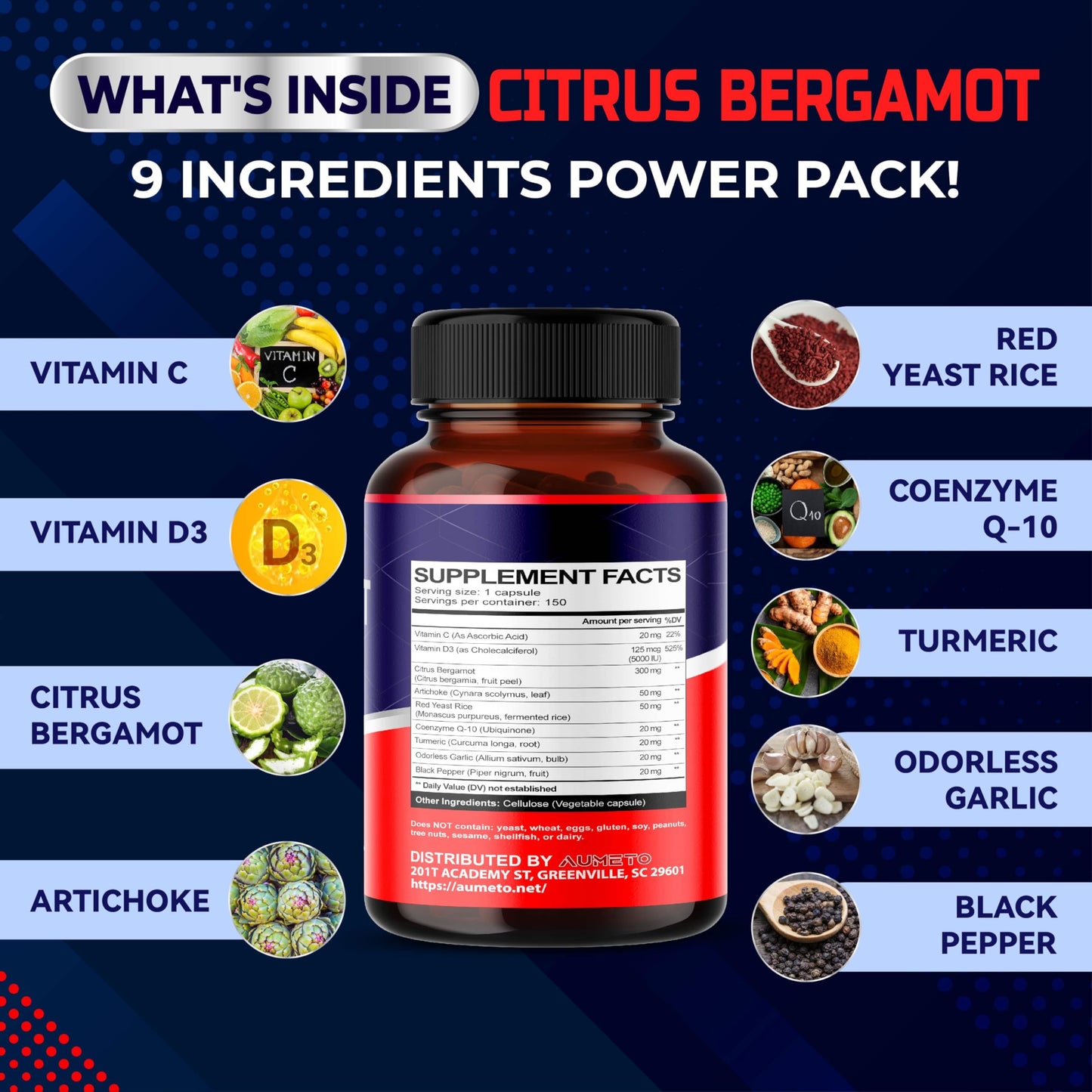 AUMETO Citrus Bergamot Supplement with Red Yeast Rice, CoQ10, Artichoke, Vitamin D3 Capsules, 150 Count
