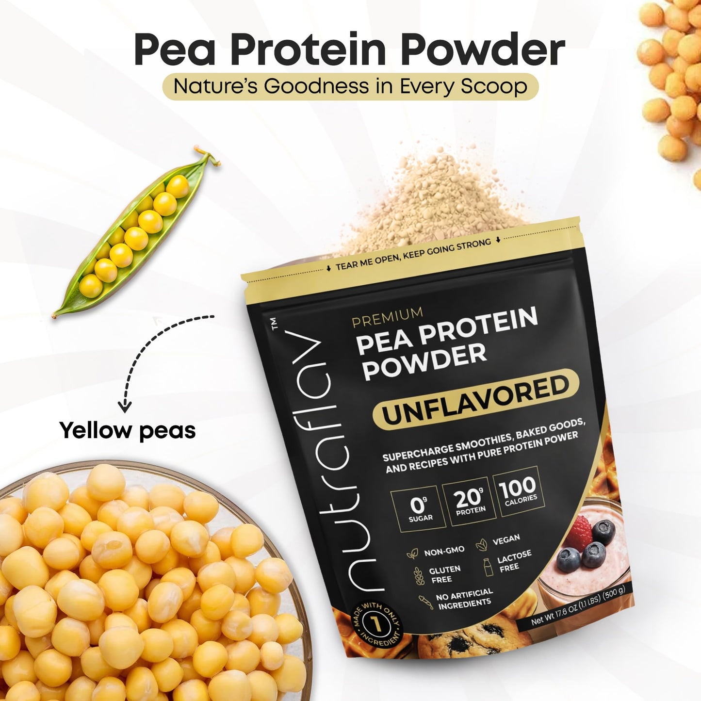 Nutraflav Unflavored Vegan Pea Protein Powder 17.6 oz