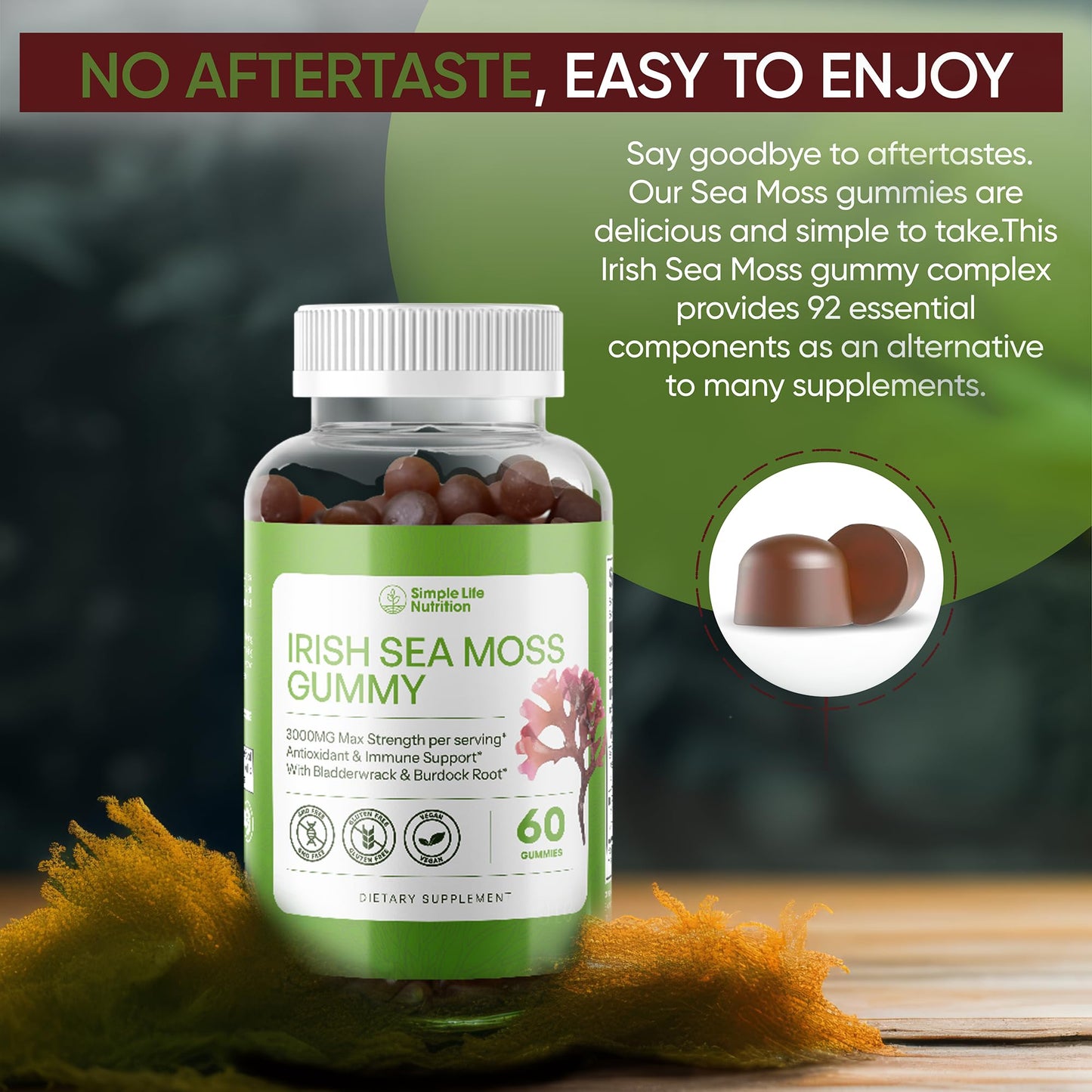 Simple Life Nutrition Organic Irish Sea Moss Gummies with Burdock Root & Bladderwrack, 60 Gummies