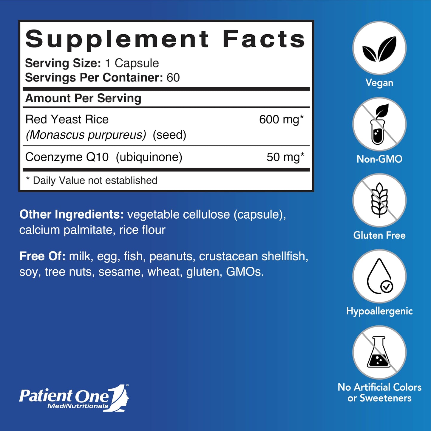 Patient One Red Yeast Rice (600mg) & CoQ10 (50mg) Supplement, 60 Capsules