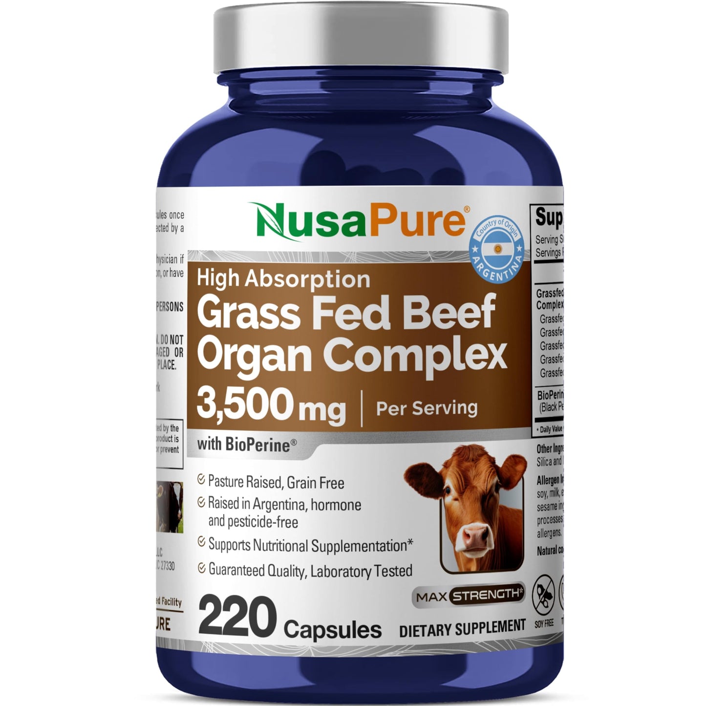 NusaPure Grass Fed Beef Liver Extract Capsules, 220 Count
