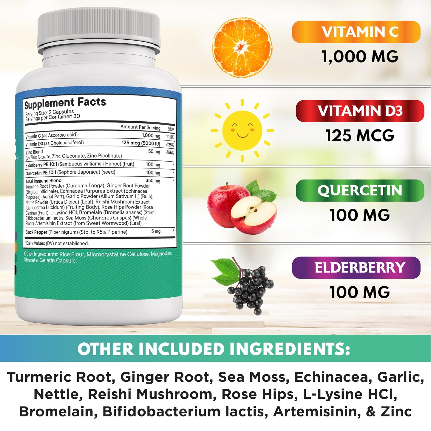 NEW AGE Quercetin Zinc Vitamin C Vitamin D Bromelain Elderberry Nettle Supplement with Artemisinin, Sea Moss, Echinacea Capsule, 60 Count