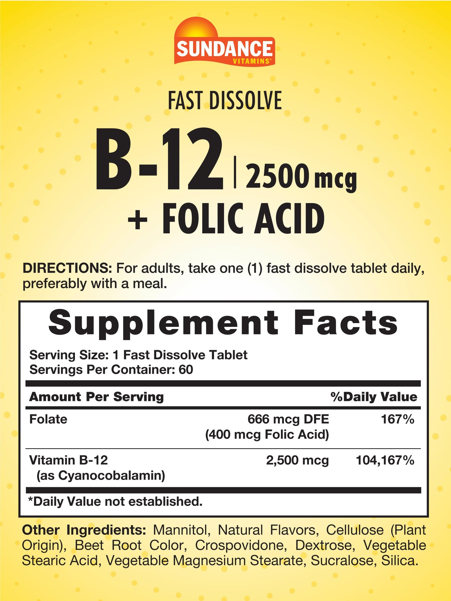 Sundance Vitamin B-12 with Folic Acid 2500mcg Fast Dissolve Tablet, 60 Count