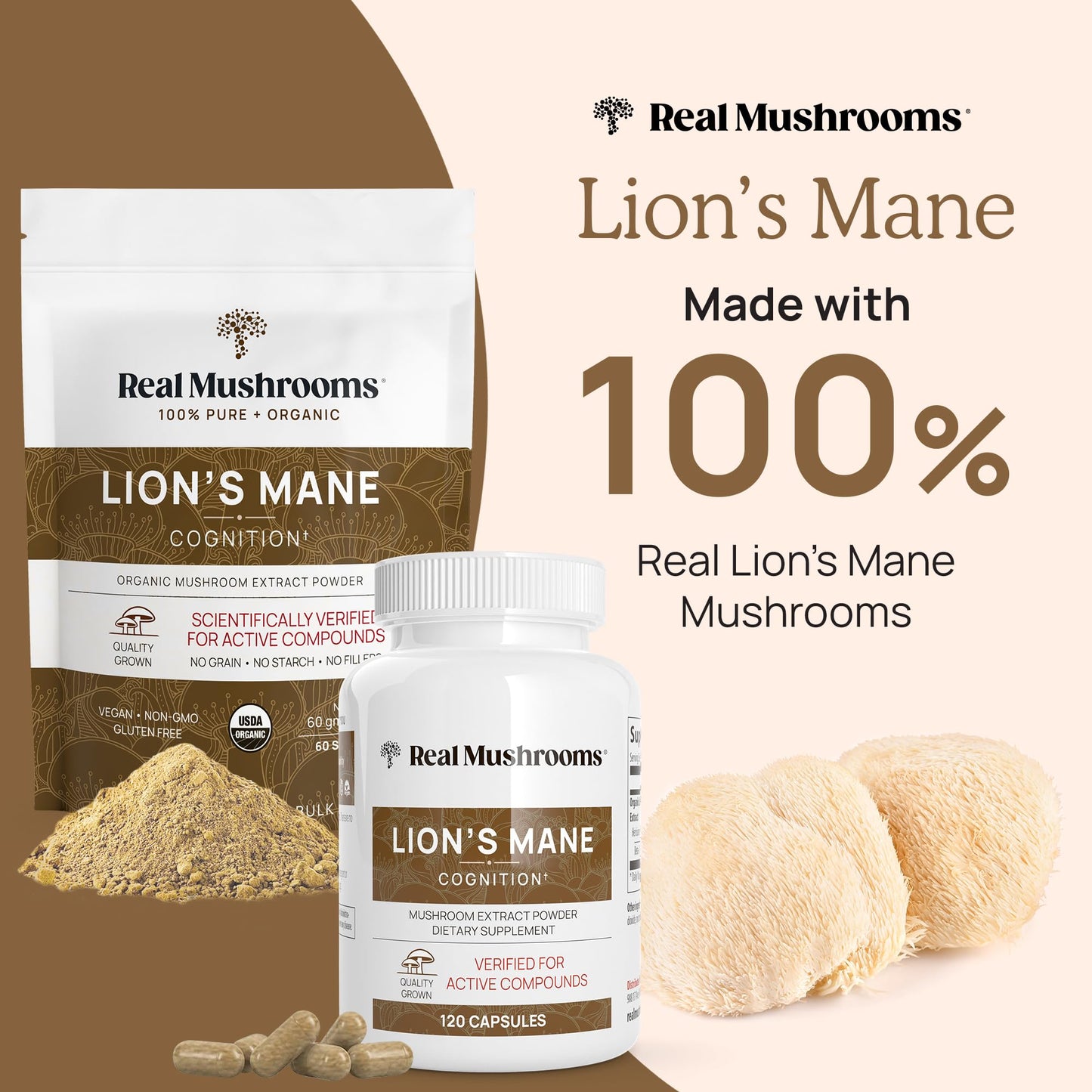 Real Mushrooms Ergothioneine and Lions Mane Capsule Duo, 2 Capsules