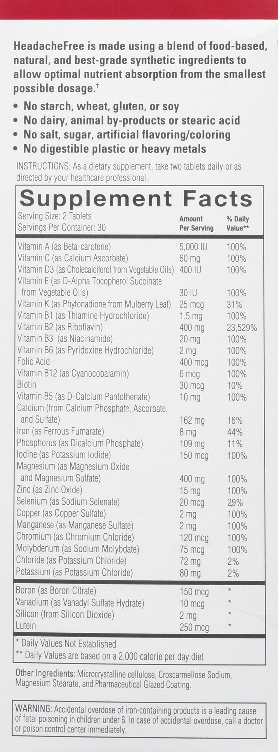 HeadacheFree Complete Multivitamin Tablet 60 Count