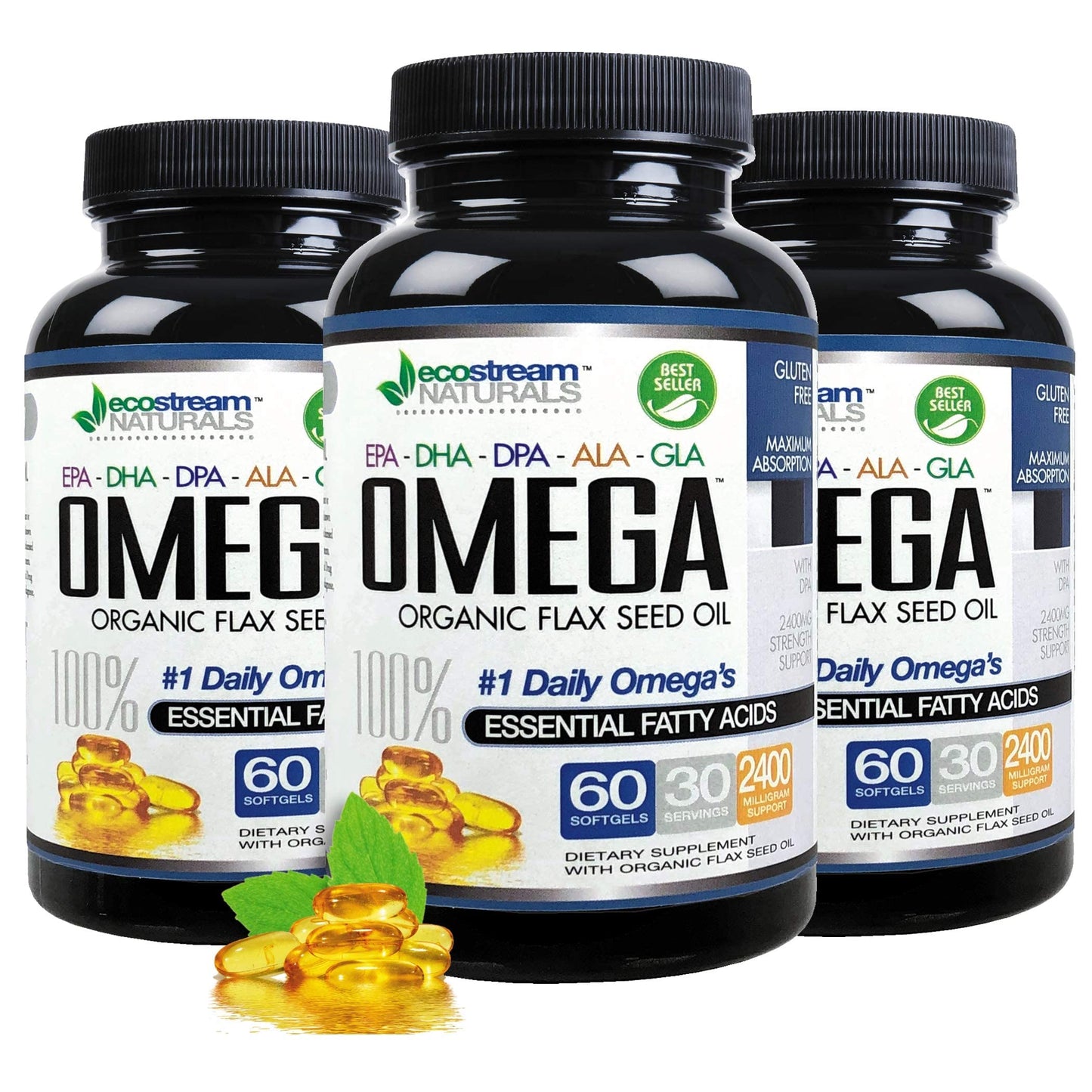 ecostream Naturals Omega 3-6-9 Blend with DPA, EPA, DHA, ALA and GLA and Organic Flax Seed Oil Softgel 120