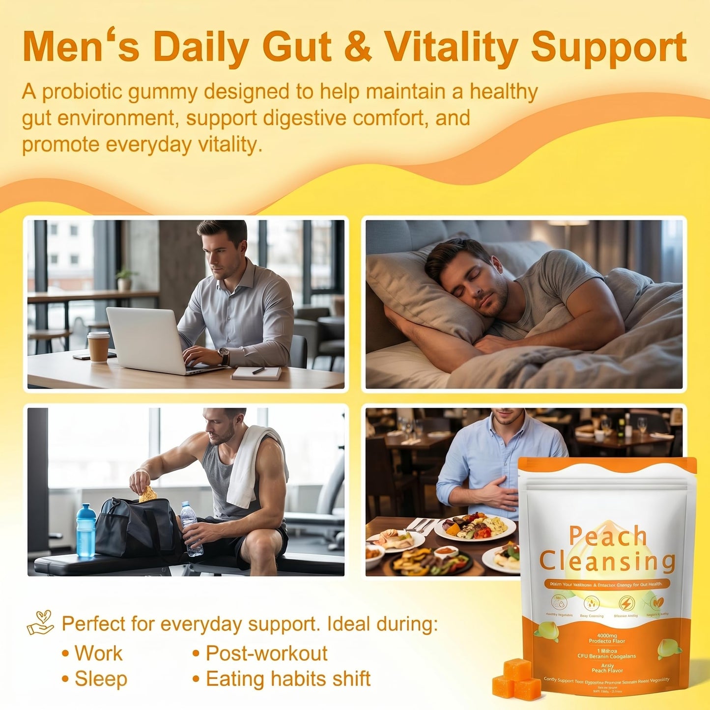 SERSANVE Peach Clean Fiber Gummies with Prebiotic for Men, 60 Count