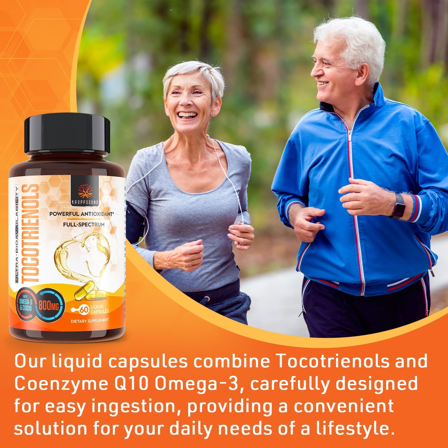 Kroppssund Tocotrienols 800mg Supplement with Vitamin E Tocotrienols, CoQ10 & Omega 3-6-9, Cellular Energy 60 Softgel Capsules