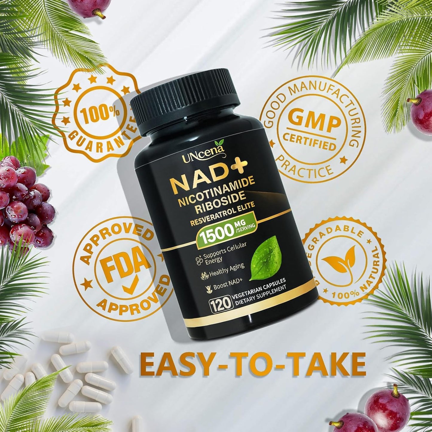 UNcena NAD Supplement 1500mg Liposomal NAD+ Nicotinamide Riboside with Resveratrol Capsule 100 Count