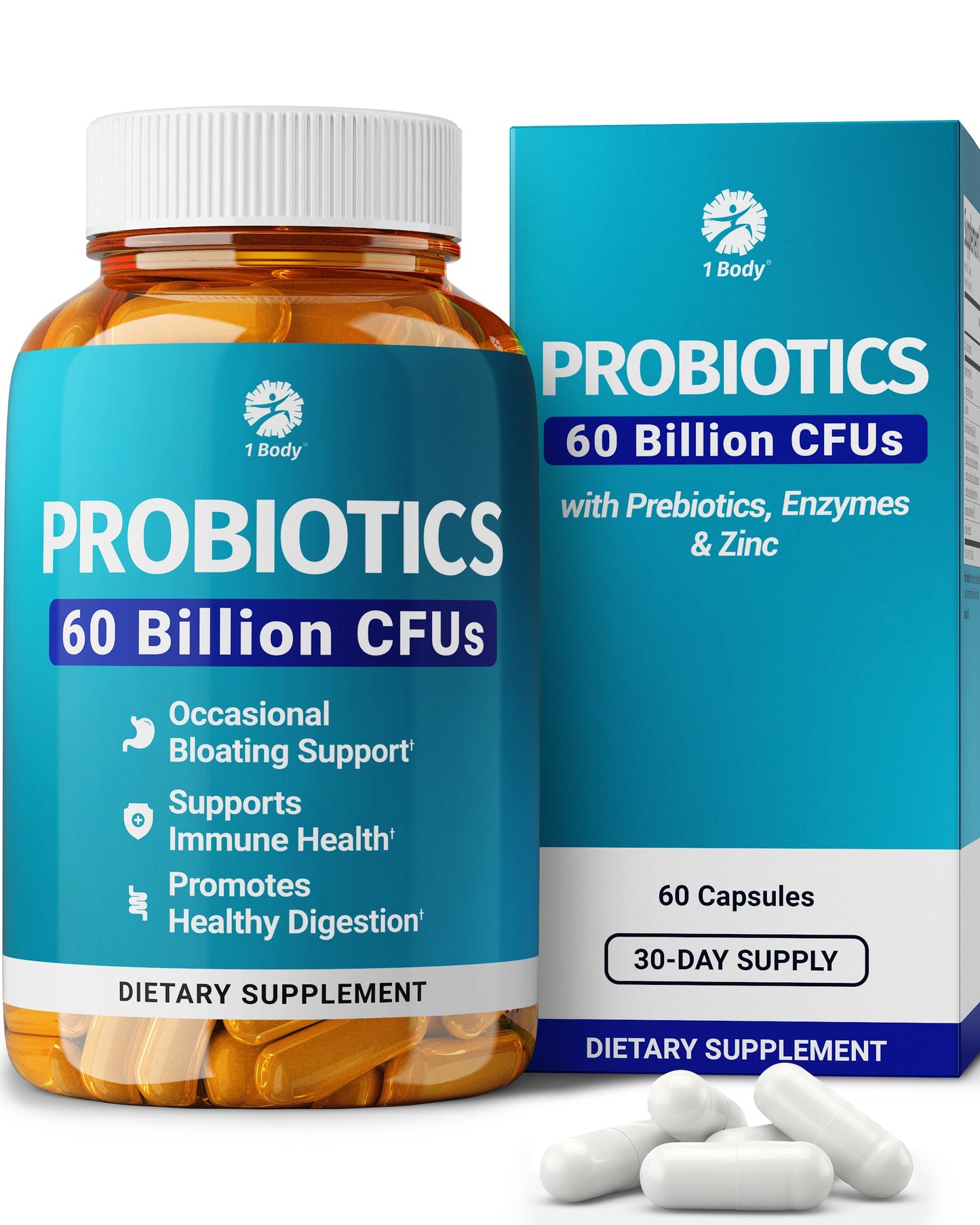 1 Body Probiotic 60 Billion with Prebiotics & Enzymes, 60 Capsules