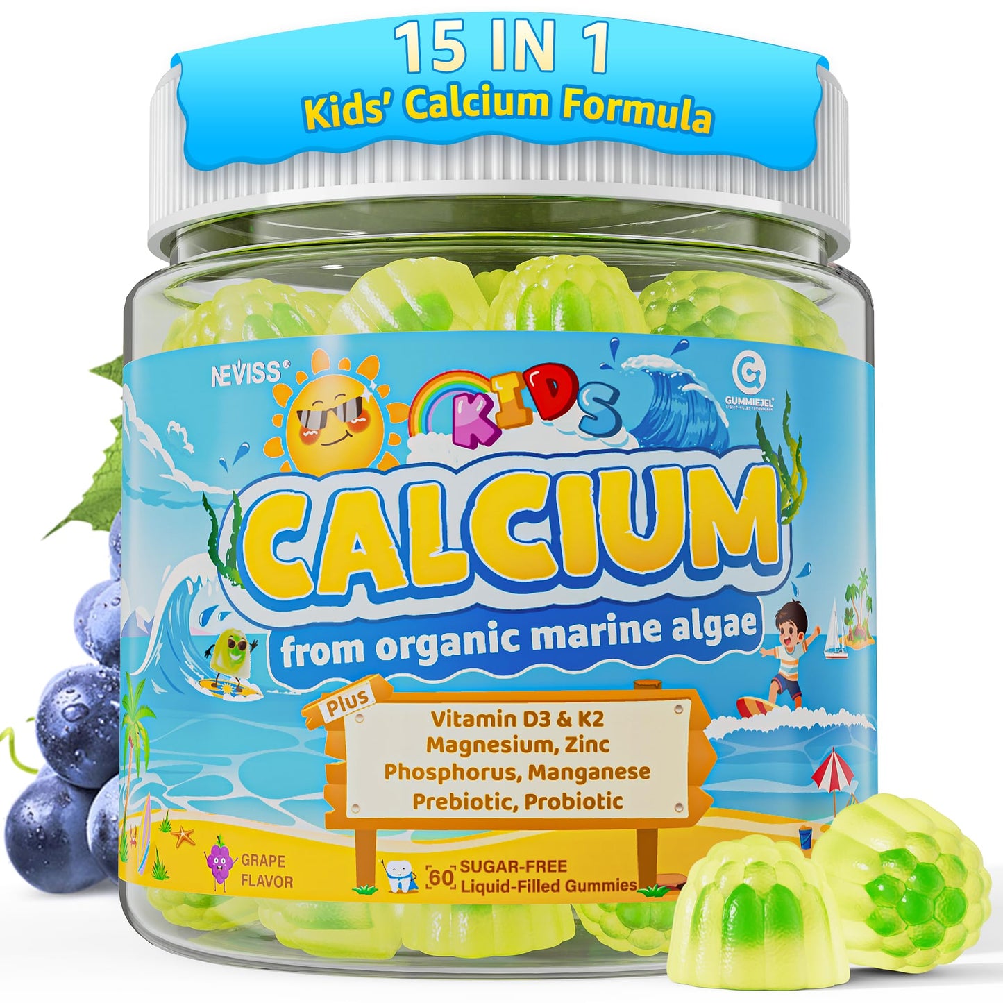 NEVISS Kids Calcium Gummies + Vitamin D3 (1000IU/2000IU), K2, Magnesium, Phosphorus, Probiotic, Algae Calcium Supplement for Kids 4+ & Teens for Bones & Teeth, Extra Calcium Absorption, Sugar Free, 60 Gummies