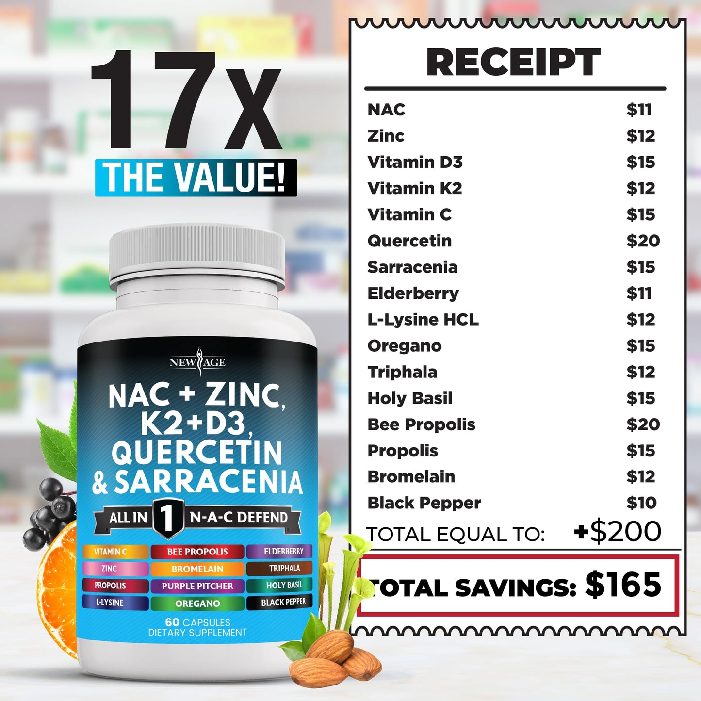 NEW AGE NAC Supplement N-Acetyl Cysteine Capsules 180 Count