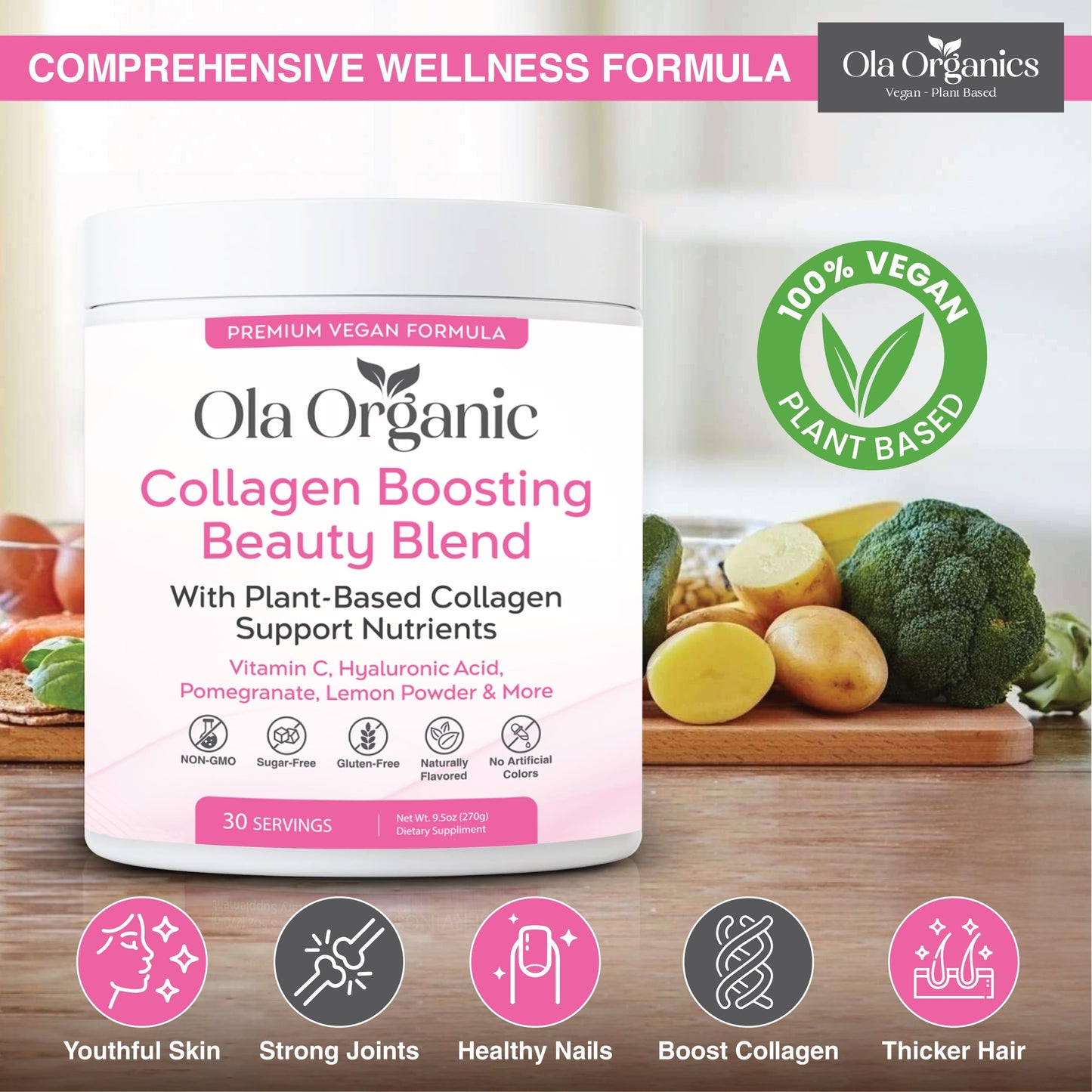 Ola Organic Collagen Booster Powder – Collagen Support with Hyaluronic Acid – Supports Hair, Skin, Nails & Joints – Premium Non-GMO Formula, 6 Ounce