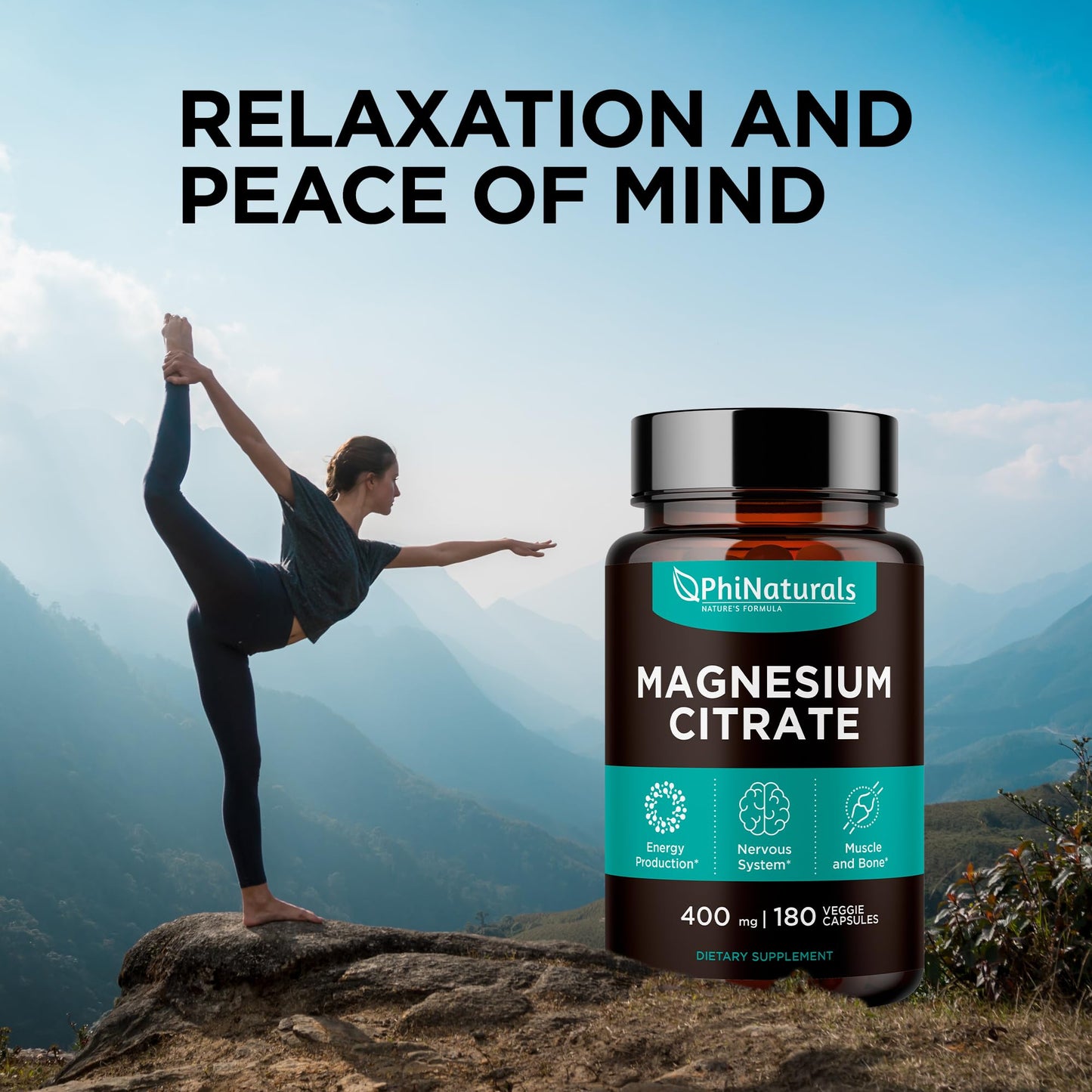 PhiNaturals Magnesium Citrate Powder 400mg Capsules 180 Count