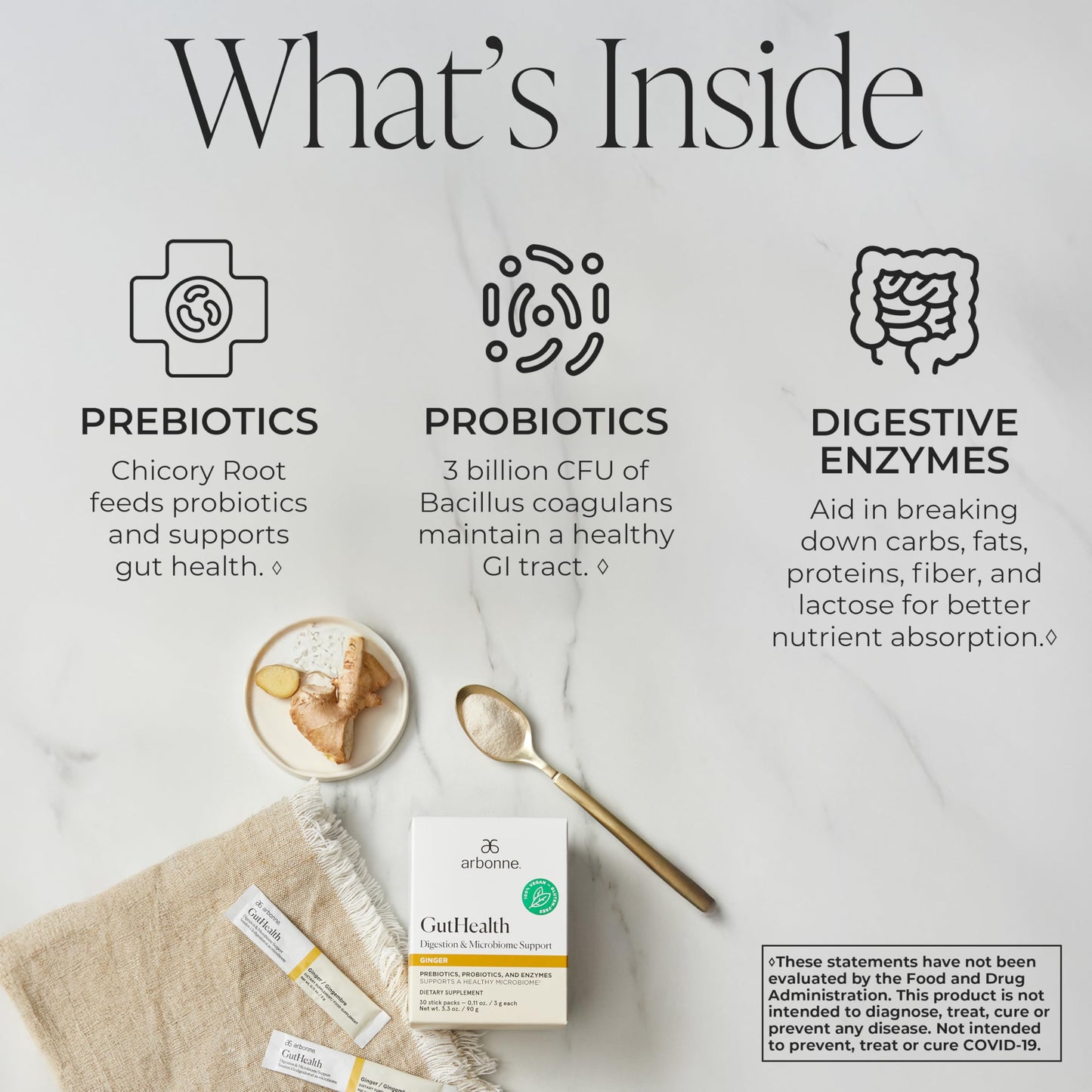 Arbonne GutHealth Digestion Probiotic Powder – Ginger 30 Count