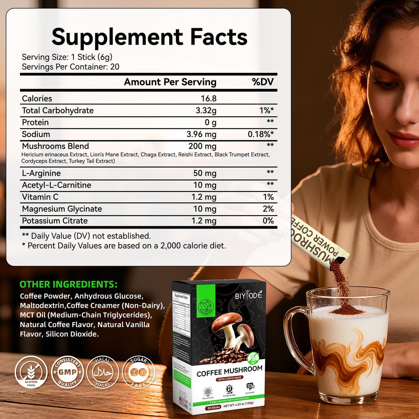 BIYODE Mushroom Coffee Instant Powder Sticks Pack - 8 Functional Blend with Lions Mane - Sustained Energy and Mental Focus - Mens Herbal Energy Coffee Alternative, 20 Count