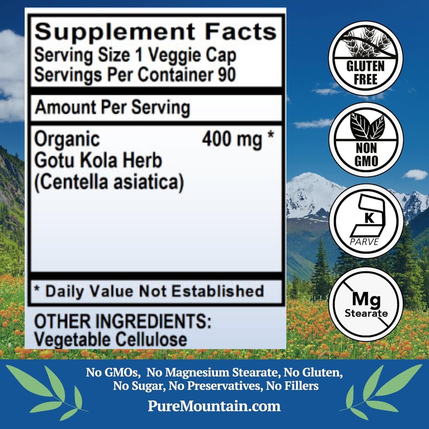 Pure Mountain Botanicals Gotu Kola Capsules, 90 Count