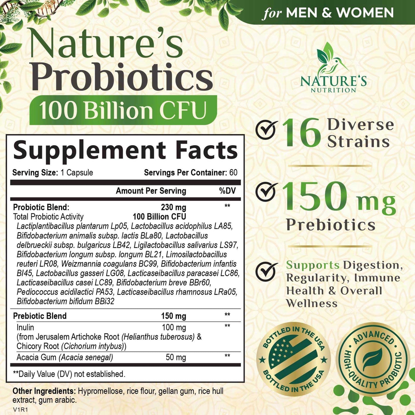 Nature's Nutrition Probiotics 100 Billion CFU Per Serving - 16 Premium Strains + Prebiotics - Probiotic Supplement for Adults - Supports Immune & Digestive Health & Occasional Constipation, 60 Capsules