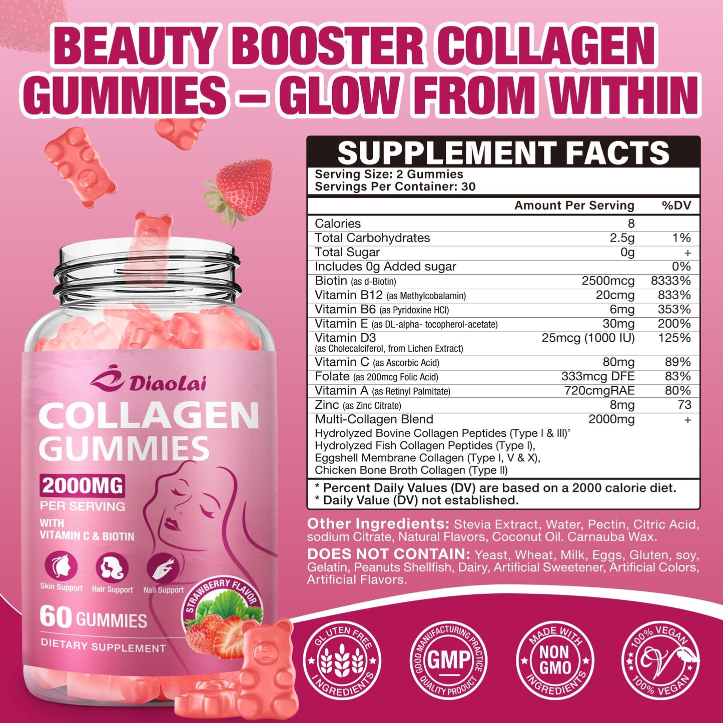DIAOLAI Sugar-Free Multi Collagen Gummies for Women & Men - Types I, II, III, V, X with Biotin, Vitamin C & Zinc for Hair, Skin & Nails | Strawberry Flavor | 60 Gummies, 2-Pack