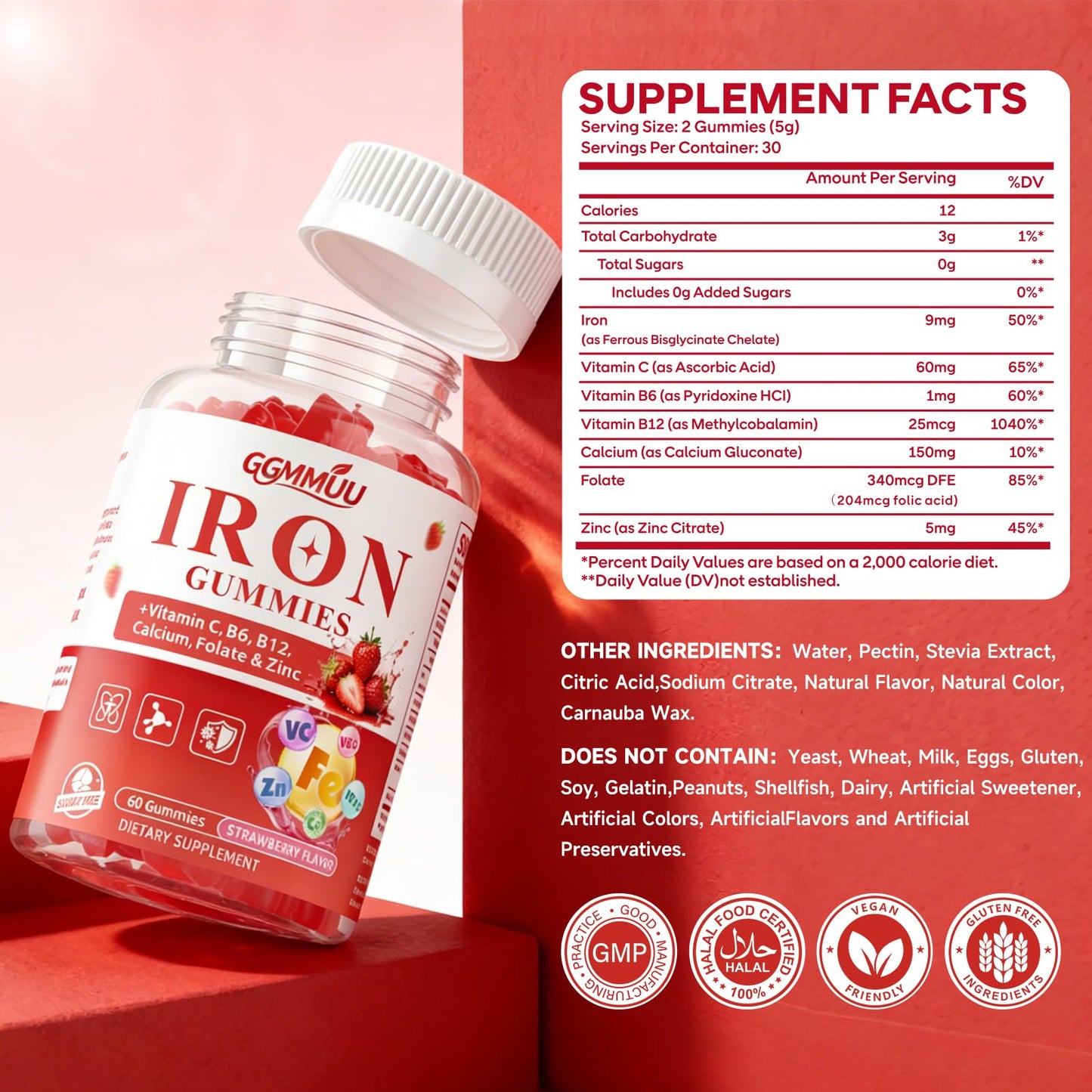GGMMUU Sugar Free Iron Gummies for Energy Support, 60 Count