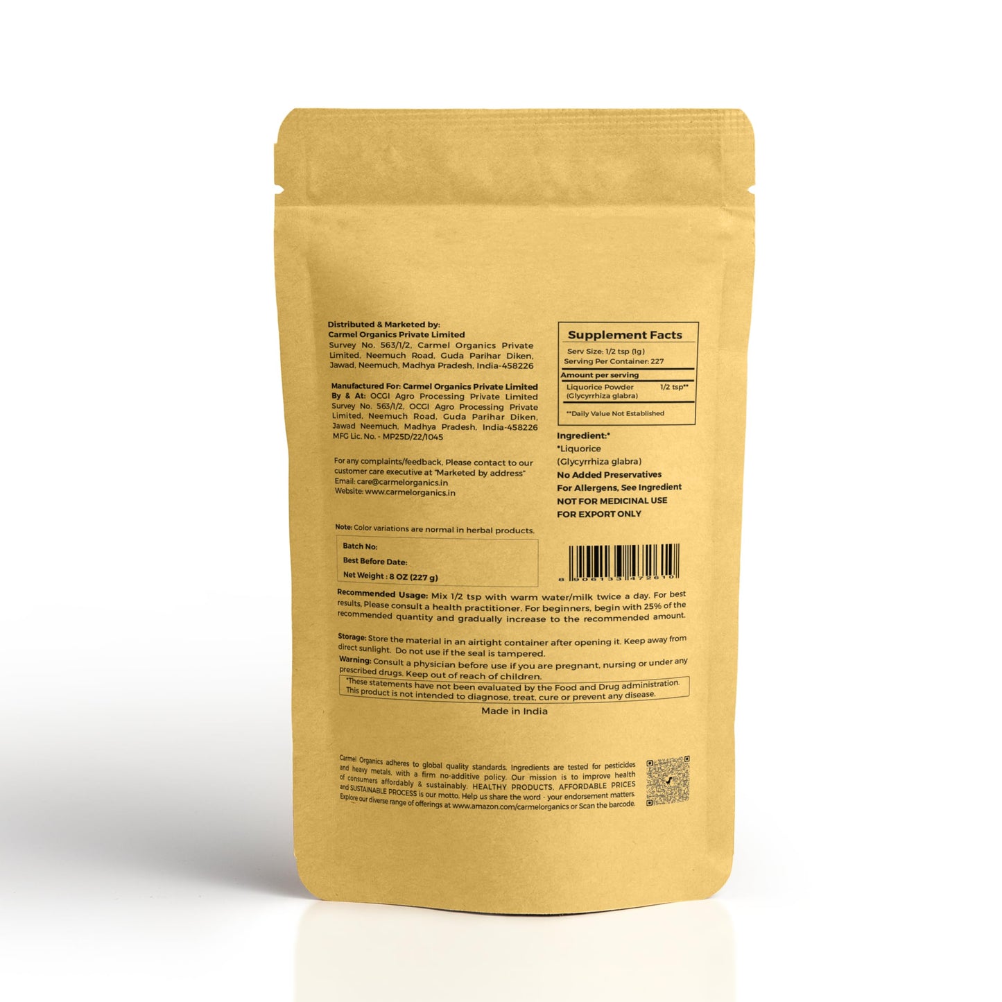CARMEL ORGANICS Licorice Root Powder 8 Ounce