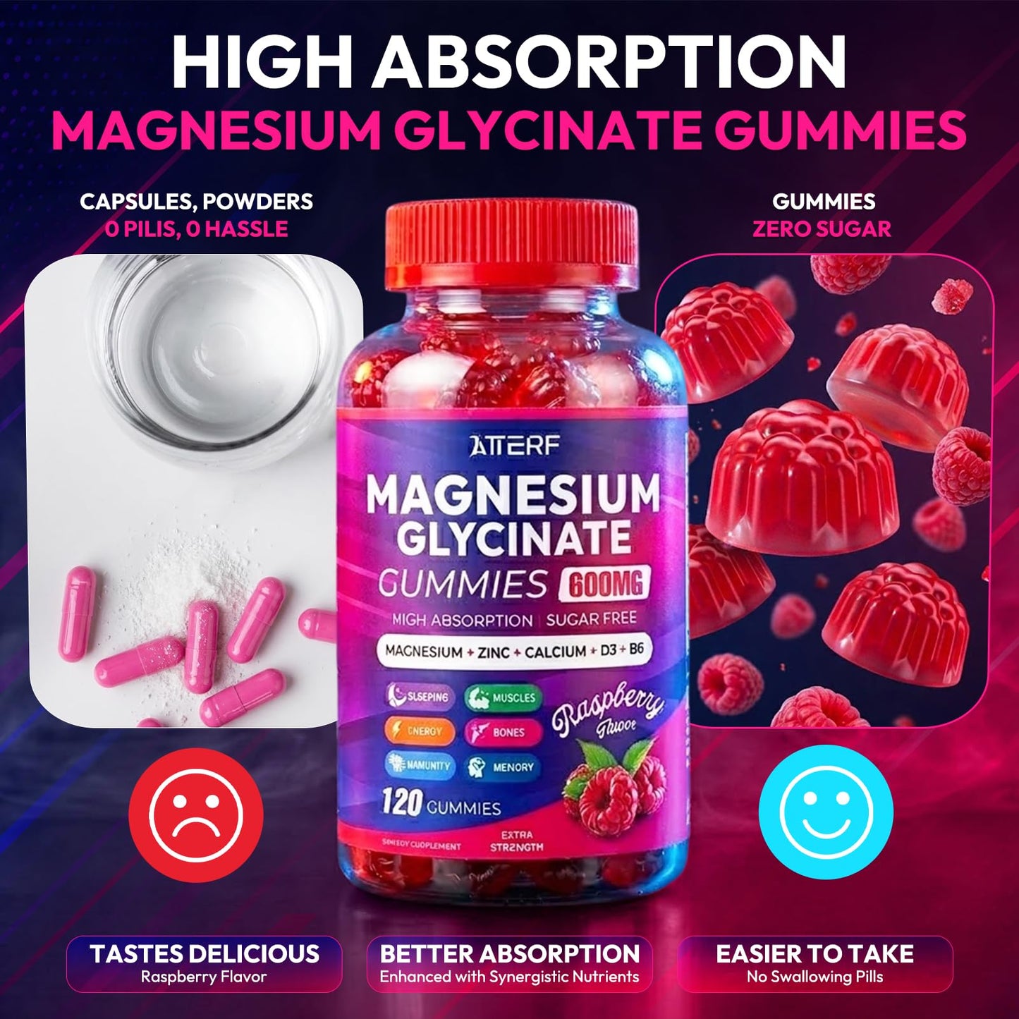 Atterf Magnesium Glycinate Gummies 600mg, Sugar Free High Absorption Chewable Magnesium Gummies with Zinc, Calcium, CoQ10 & B6 for Zzz, Relaxation, Brain & Muscle Support, 120 Gummies