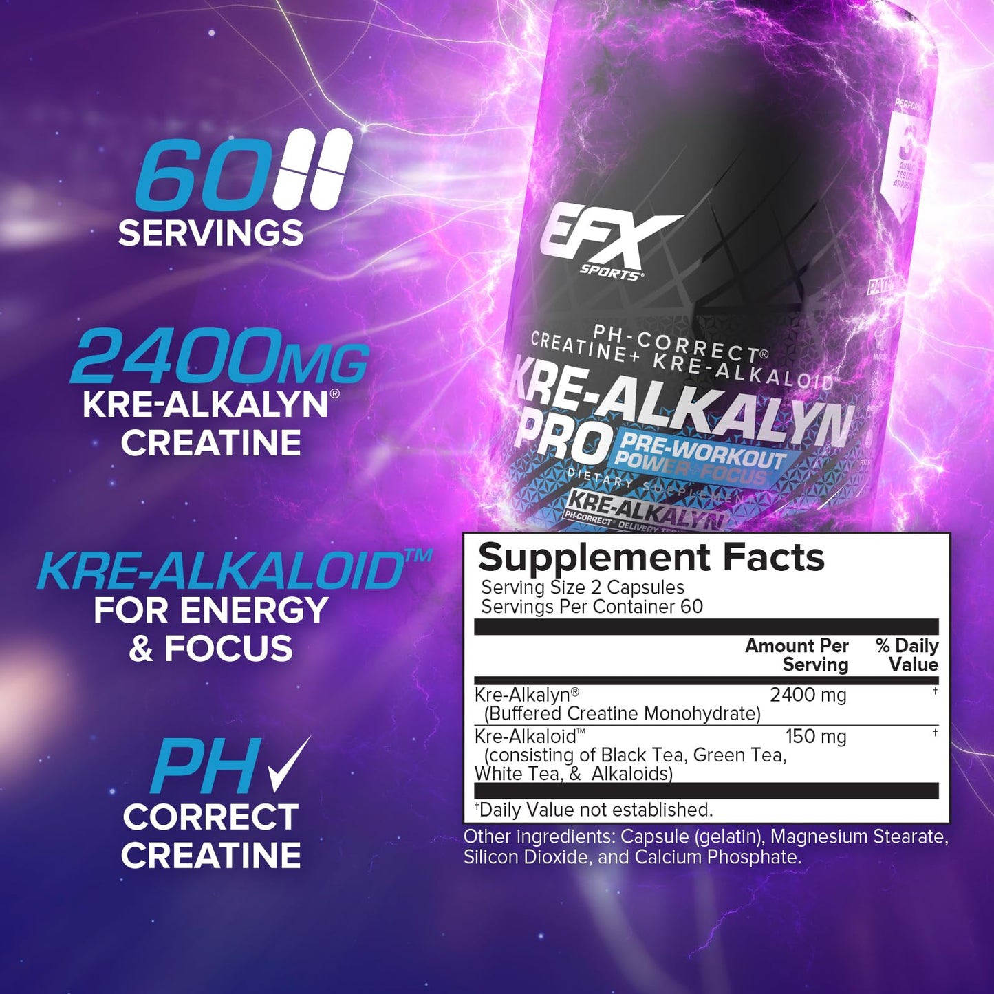 EFX Sports Kre-Alkalyn Pro pH Correct Creatine Monohydrate Capsules, 120 Capsules