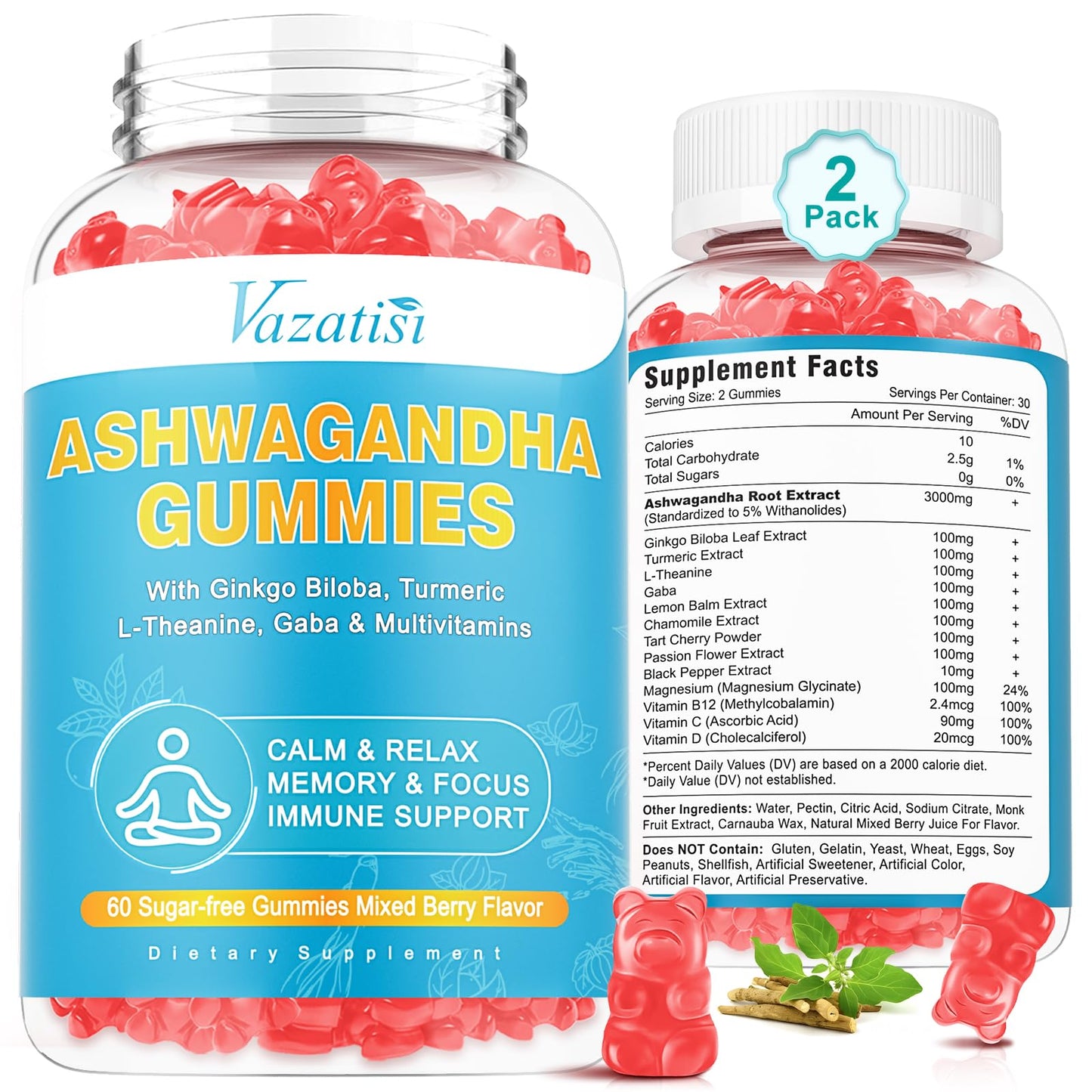 Vazatisi Ashwaganda Gummies with Turmeric GABA Mood Energy and Immune Support, 120 Gummies