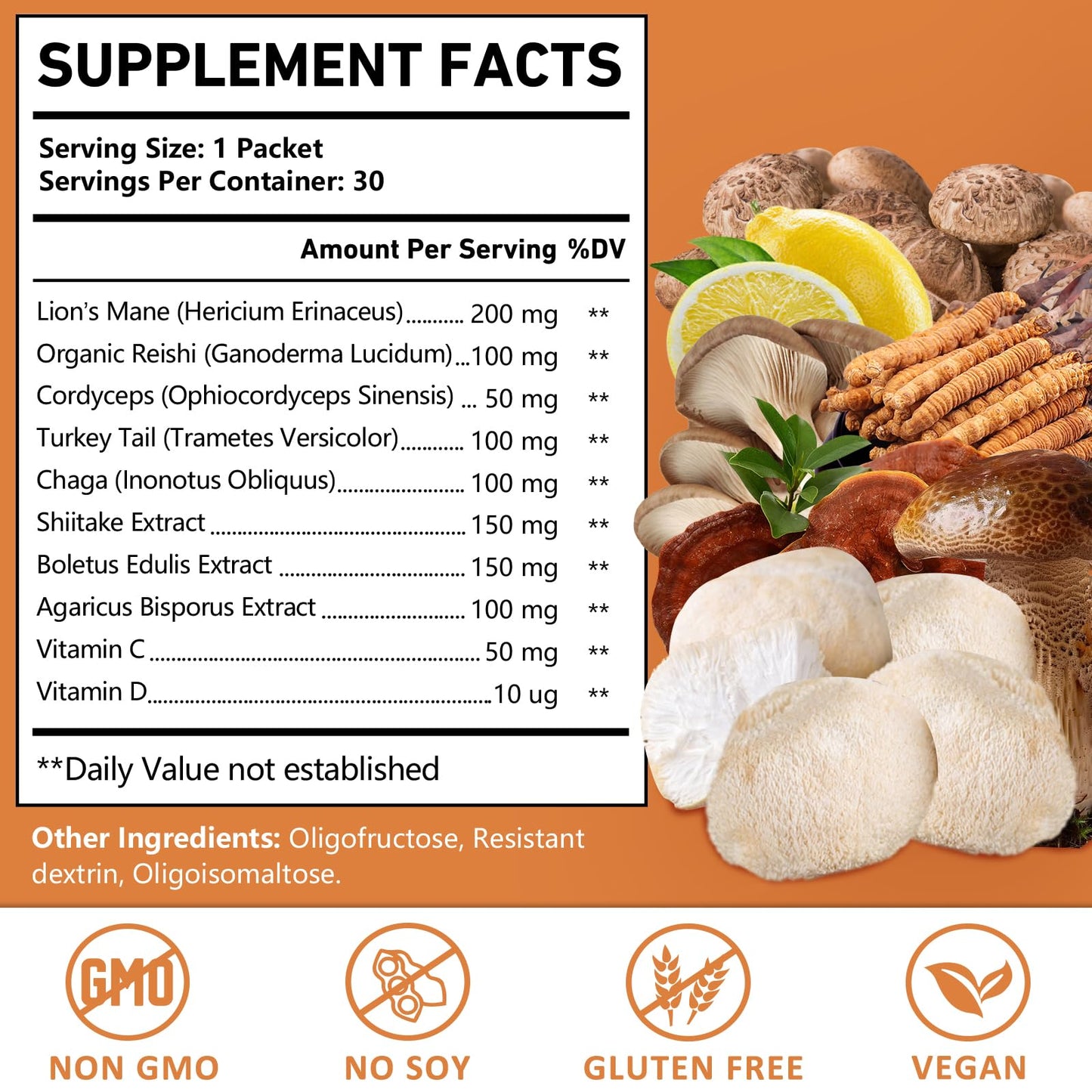 OMOGS Organic Mushroom Complex Extract Powder Blend Lion's Mane, Reishi, Chaga, Cordyceps, Turkey Tail, Supports Cognition and Brain Health, 1 Ounce