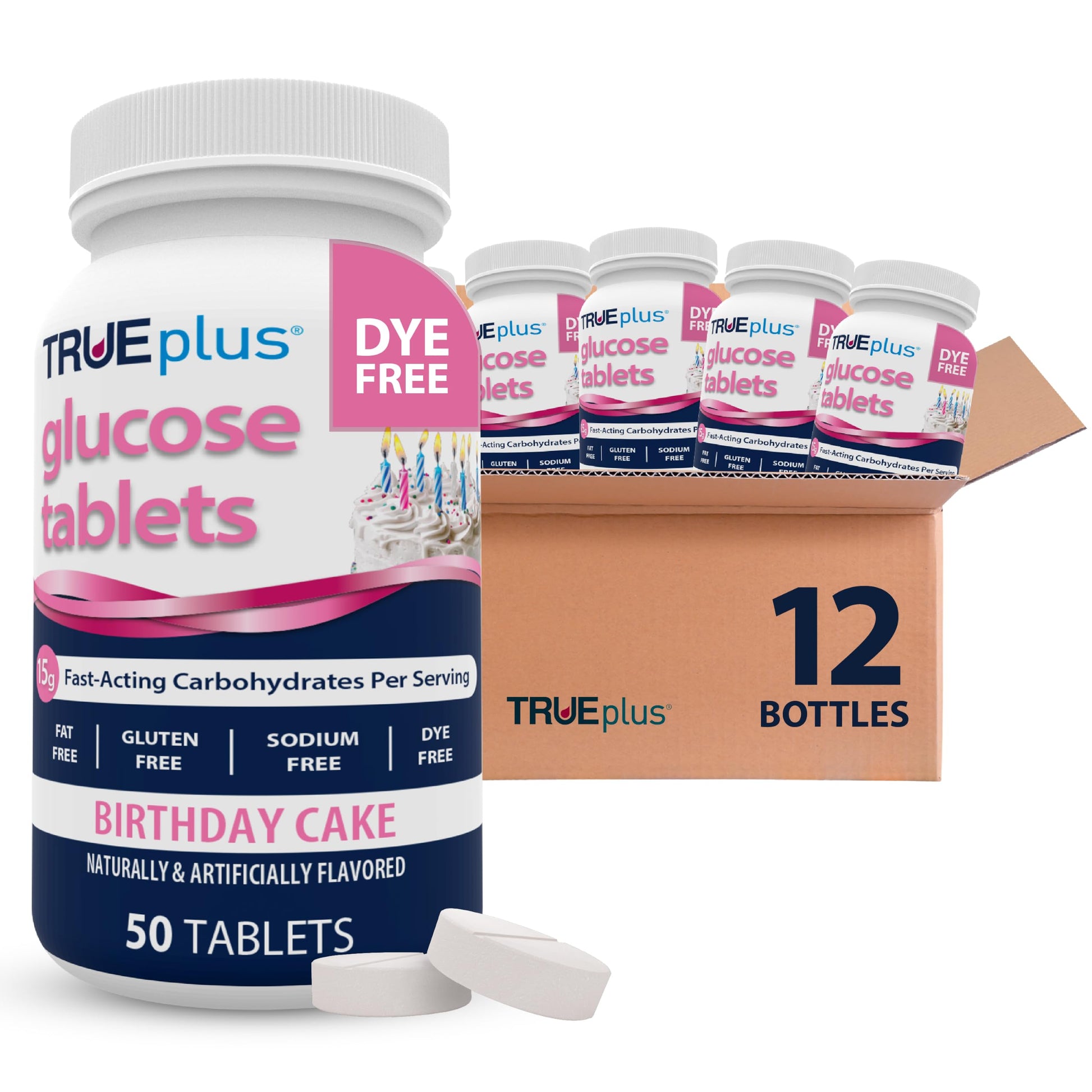 TRUEplus Glucose Tablets Dye-Free Birthday Cake Flavor Tablet, 12 Bottles