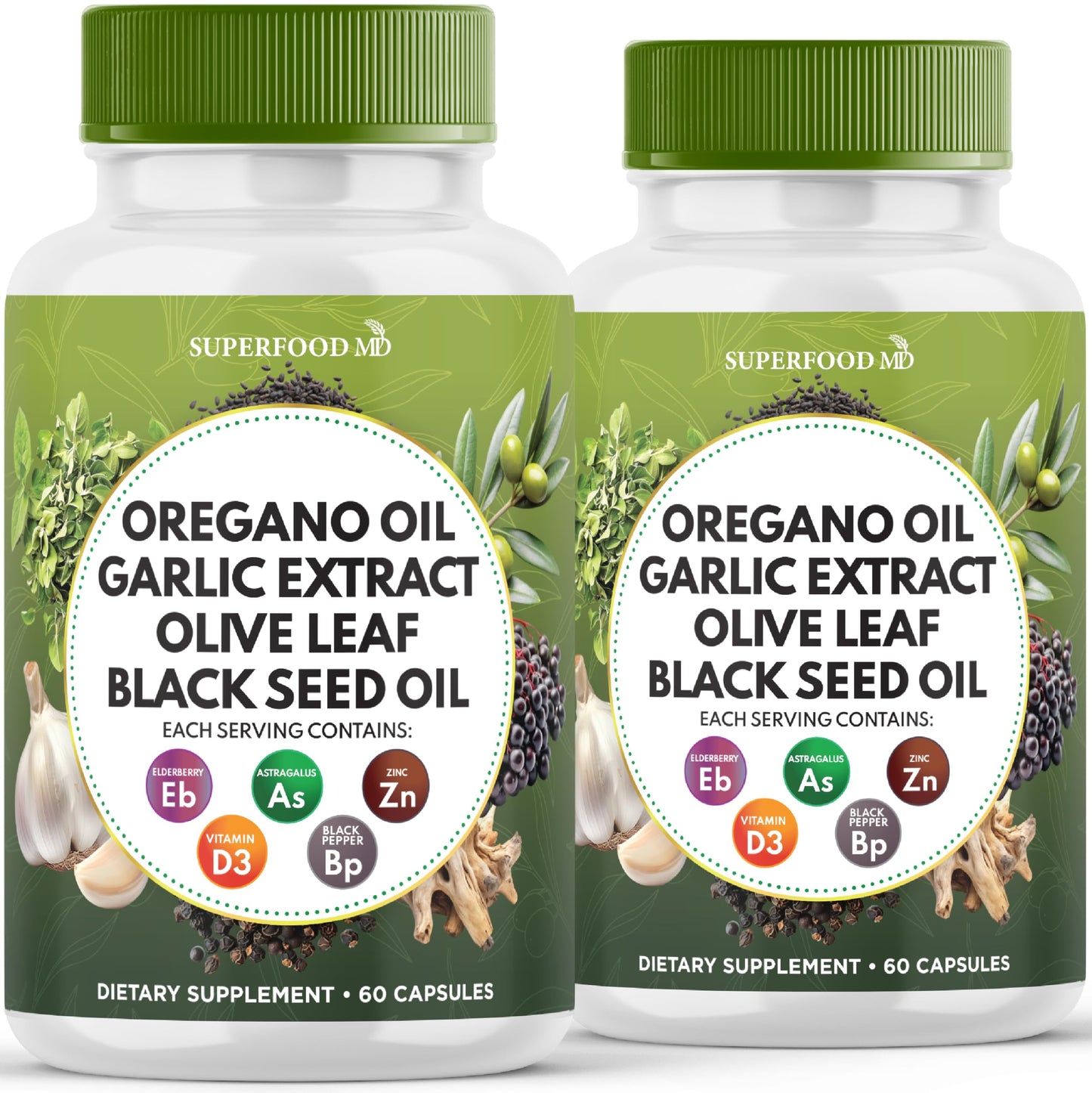 Superfood MD Oregano Oil Garlic Extract Olive Leaf Black Seed Oil Astragalus Immune Support & Digestive Health Capsules, 120 Count