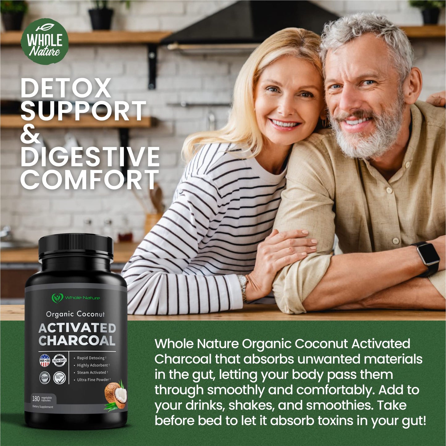 Whole Nature Pure Coconut Activated Charcoal, 180 Capsules
