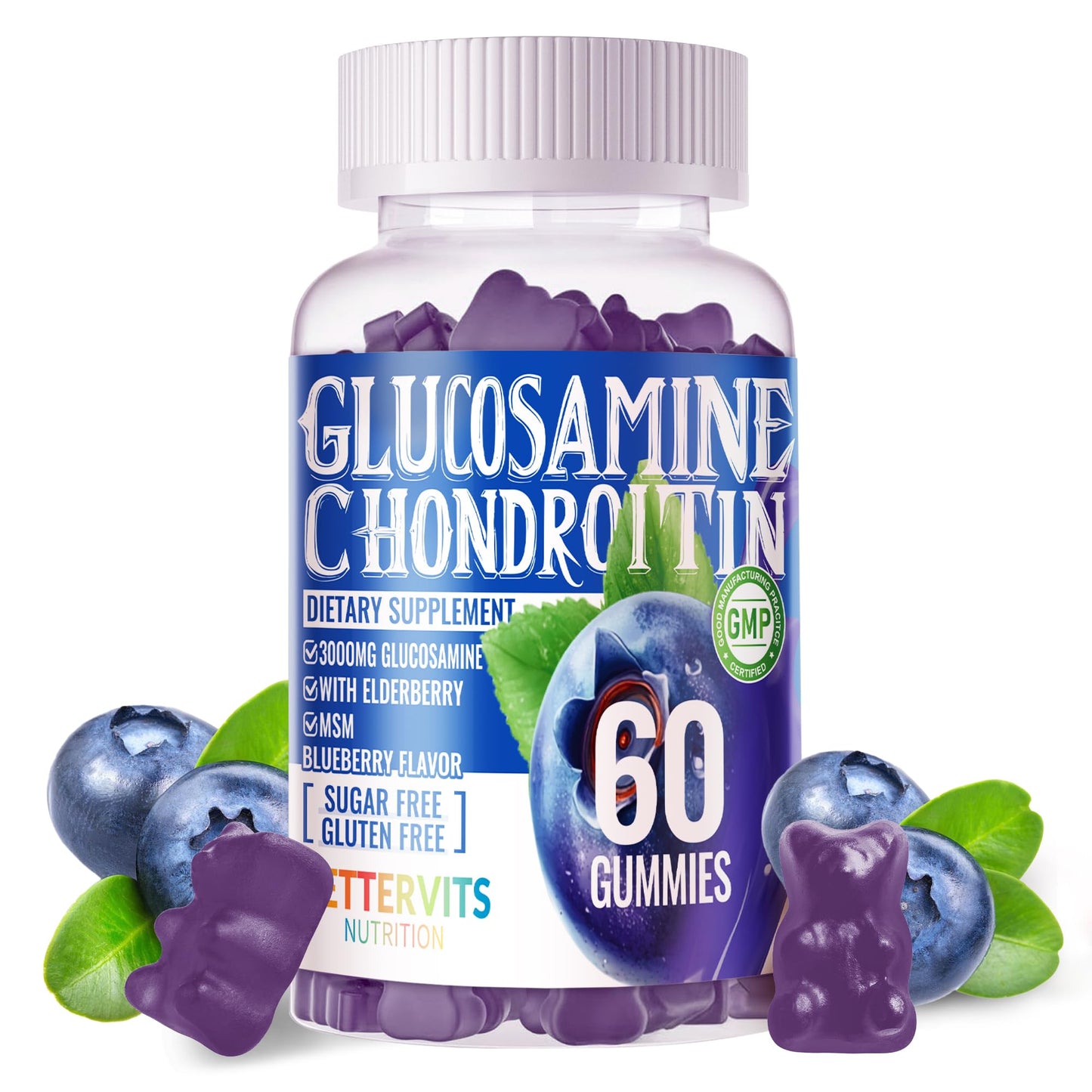 Bettervits Nutrition Glucosamine Chondroitin with MSM & Elderberry Extra Strength, 60 Gummies