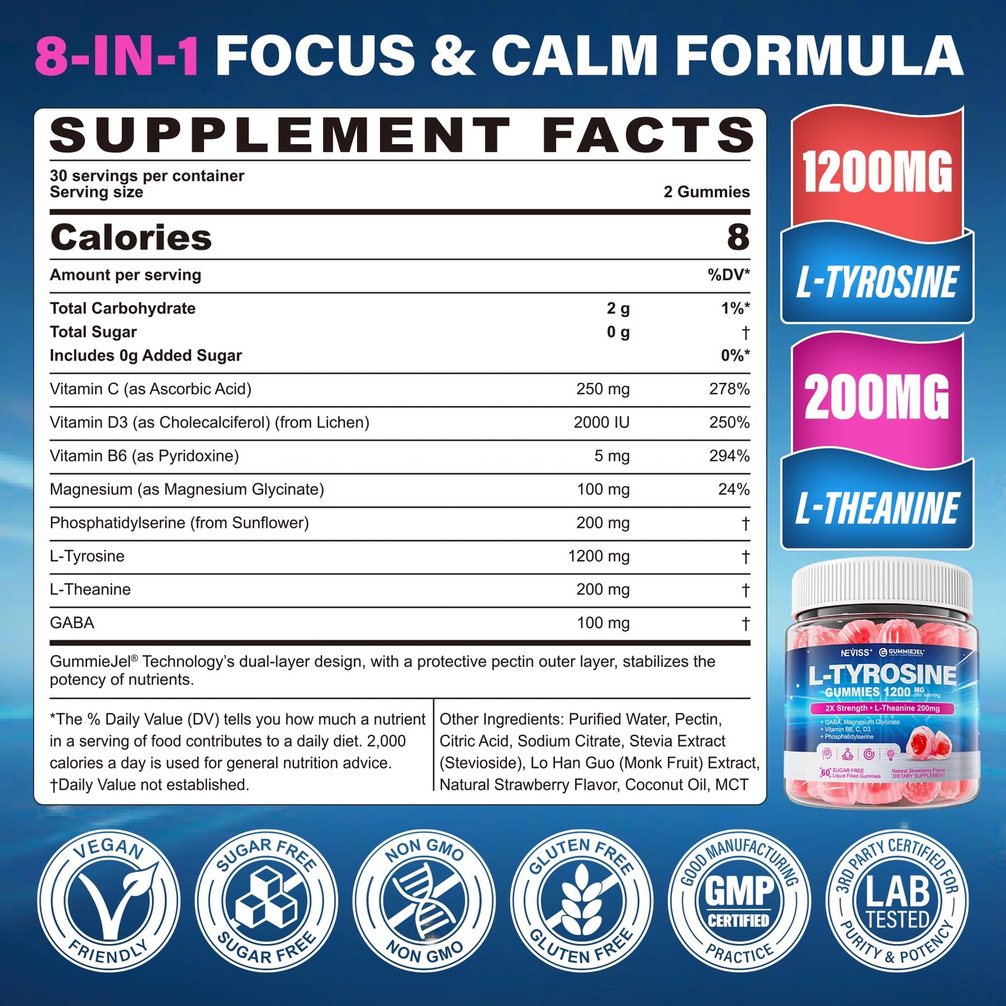 NEVISS L Tyrosine Gummies 1200mg Plus GABA L-Theanine 200mg, 60 Count
