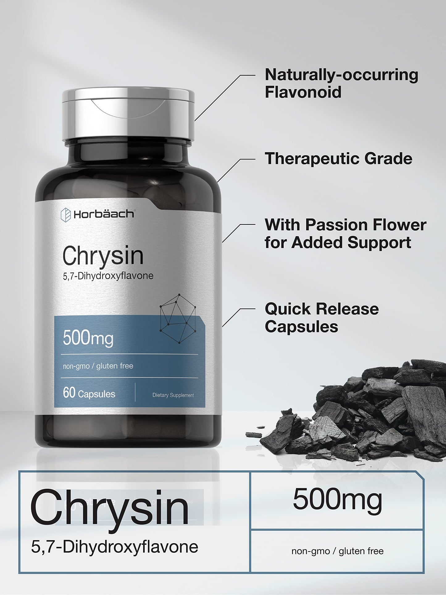 Horbäach Chrysin Supplement 500mg Capsules, 60 Count