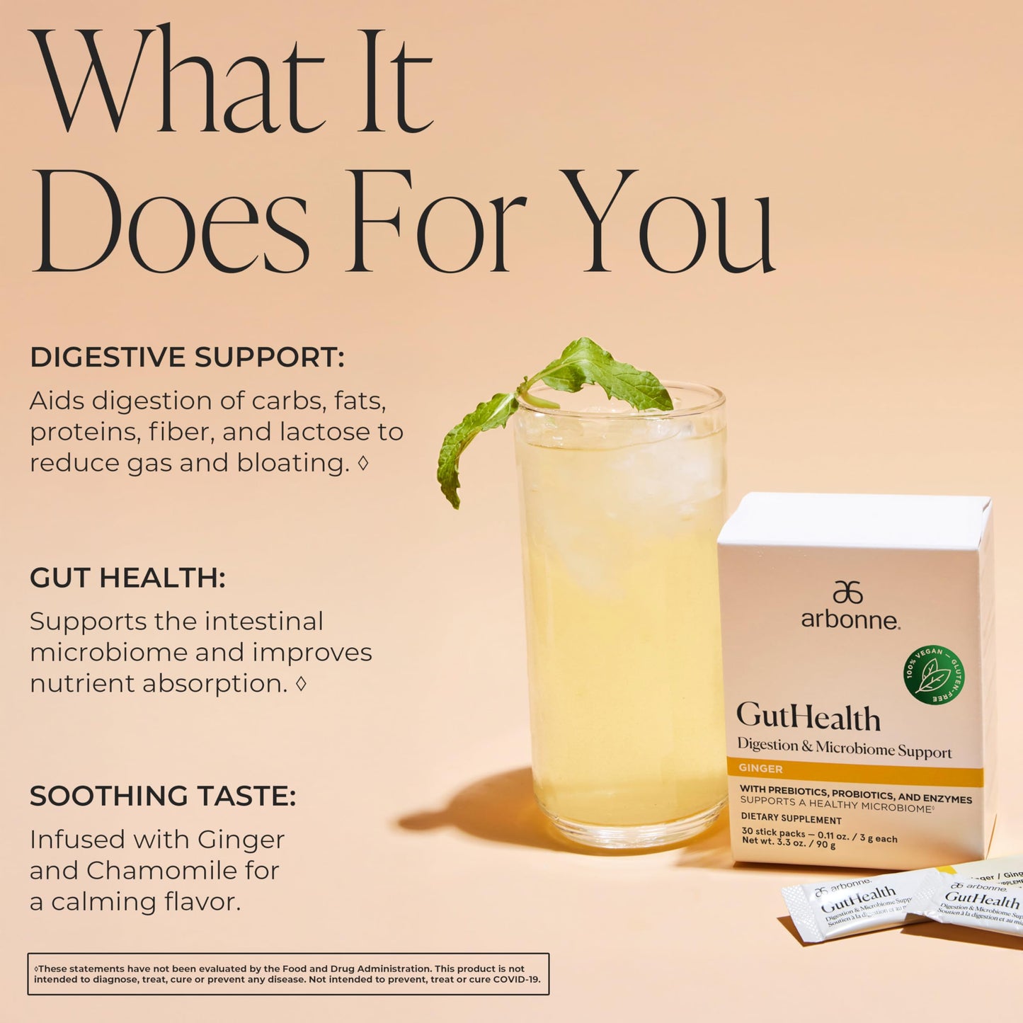 Arbonne GutHealth Digestion Probiotic Powder – Ginger 30 Count