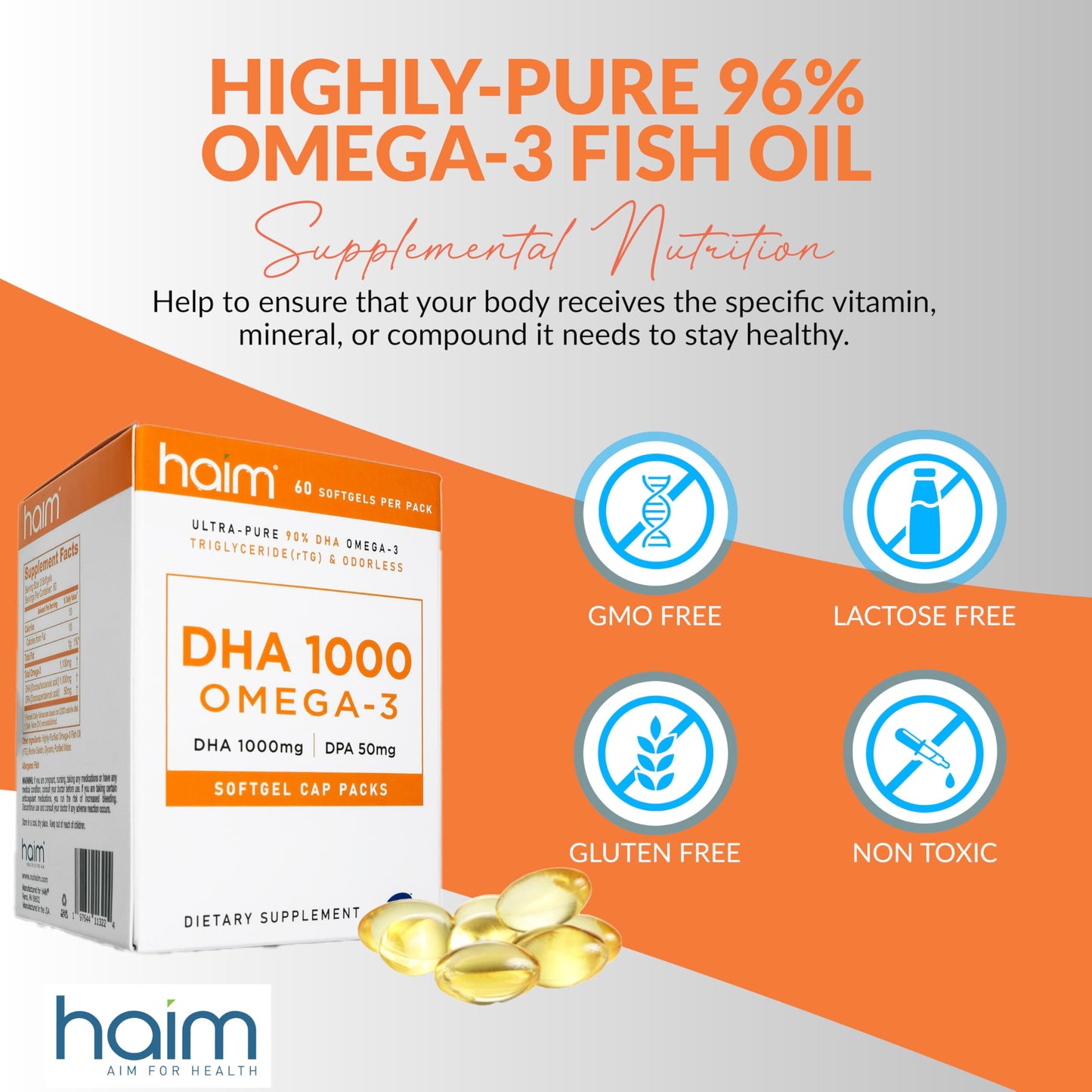 HAIM DHA 1000 Omega-3 Fish Oil Softgels 60 Count