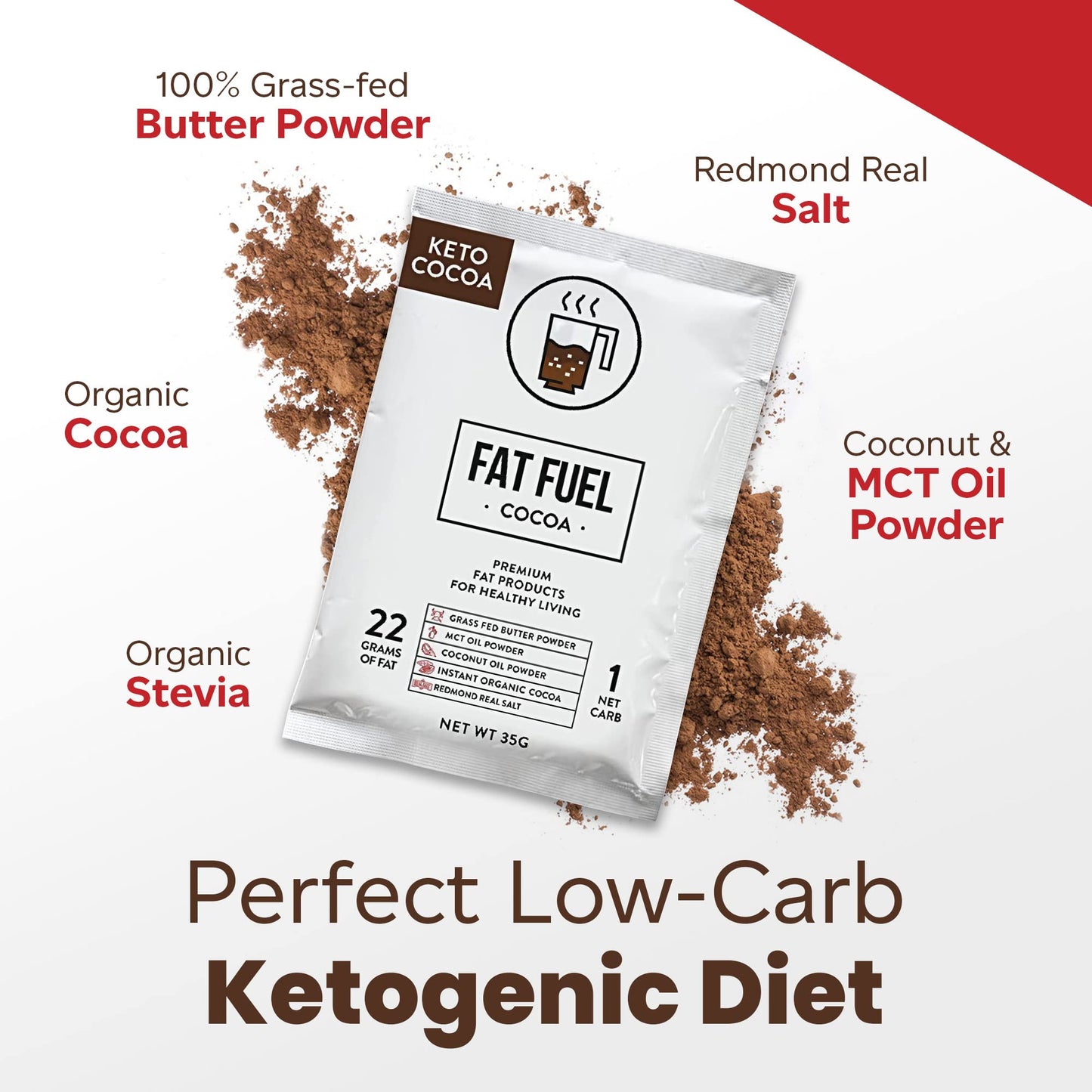 The Fat Fuel Company Keto Cocoa 22g Premium Fats Powder, 15 Servings