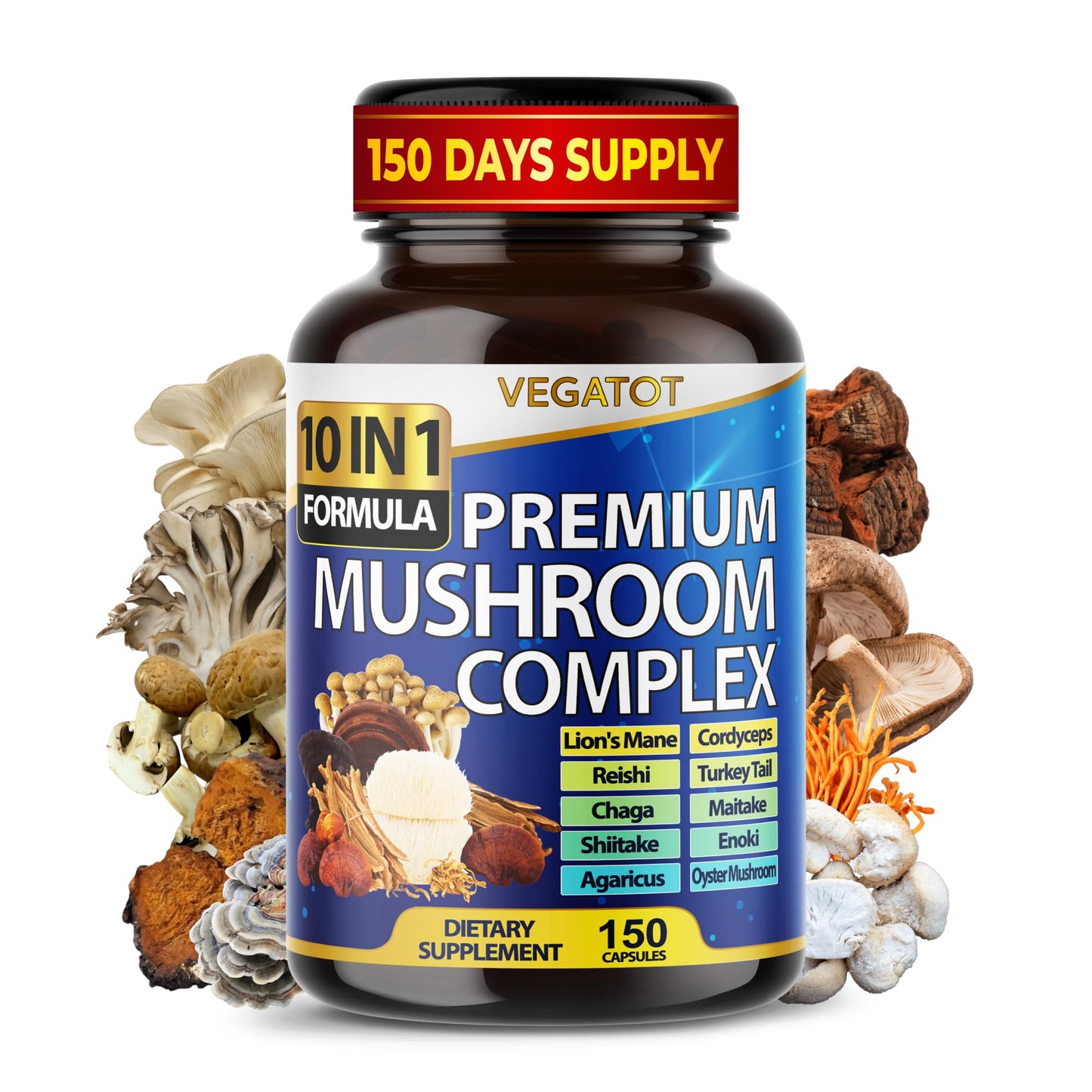 VEGATOT 10 in 1 High Strength Mushroom Supplement - Lions Mane, Cordyceps, Reishi - Brain Supplements for Memory and Focus Capsules 150