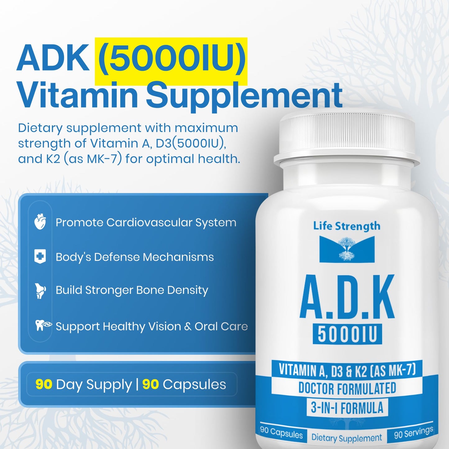 LifeStrength ADK 5 Vitamin A, D3 & K2 Capsules 90 Count