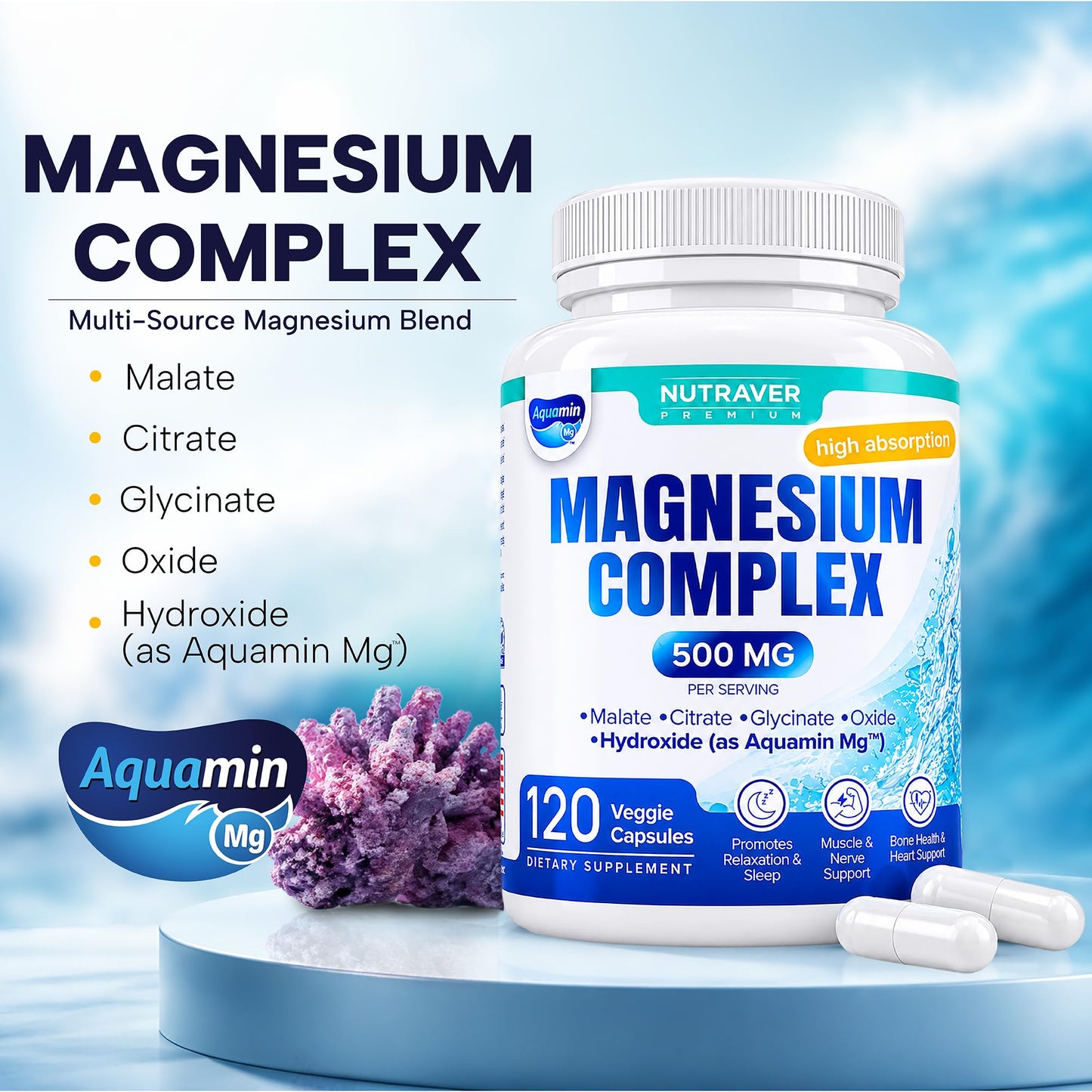 NUTRAVER Magnesium Complex for Women & Men – 500mg, 5-in-1 High Absorption Aquamin Mg, Glycinate, Citrate & Malate – Sleep, Muscle, Leg Cramp & Bone Support – Made in USA, Non-GMO Vegan, 120 Capsules
