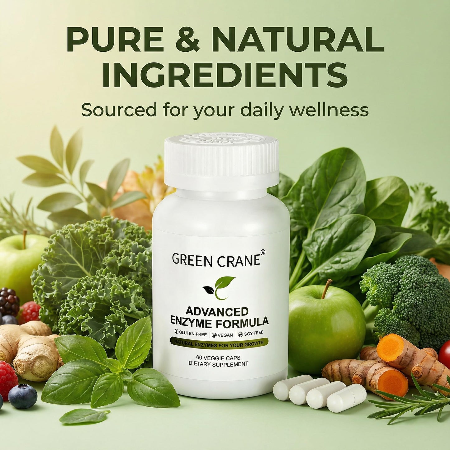 Green Crane Advanced Enzyme Formula Plant-Sourced Digestive Support Complex Gentle Gluten-Free Vegan Capsules, 60 Capsules