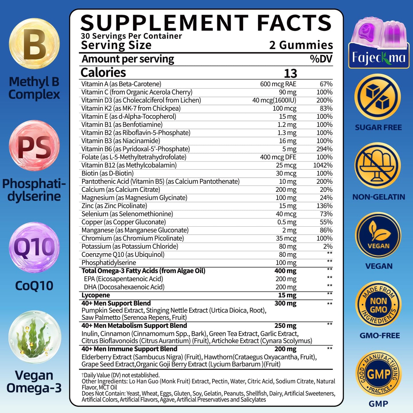 Fajeckma Mens Multivitamins for 40 Plus Gummies 120 Count