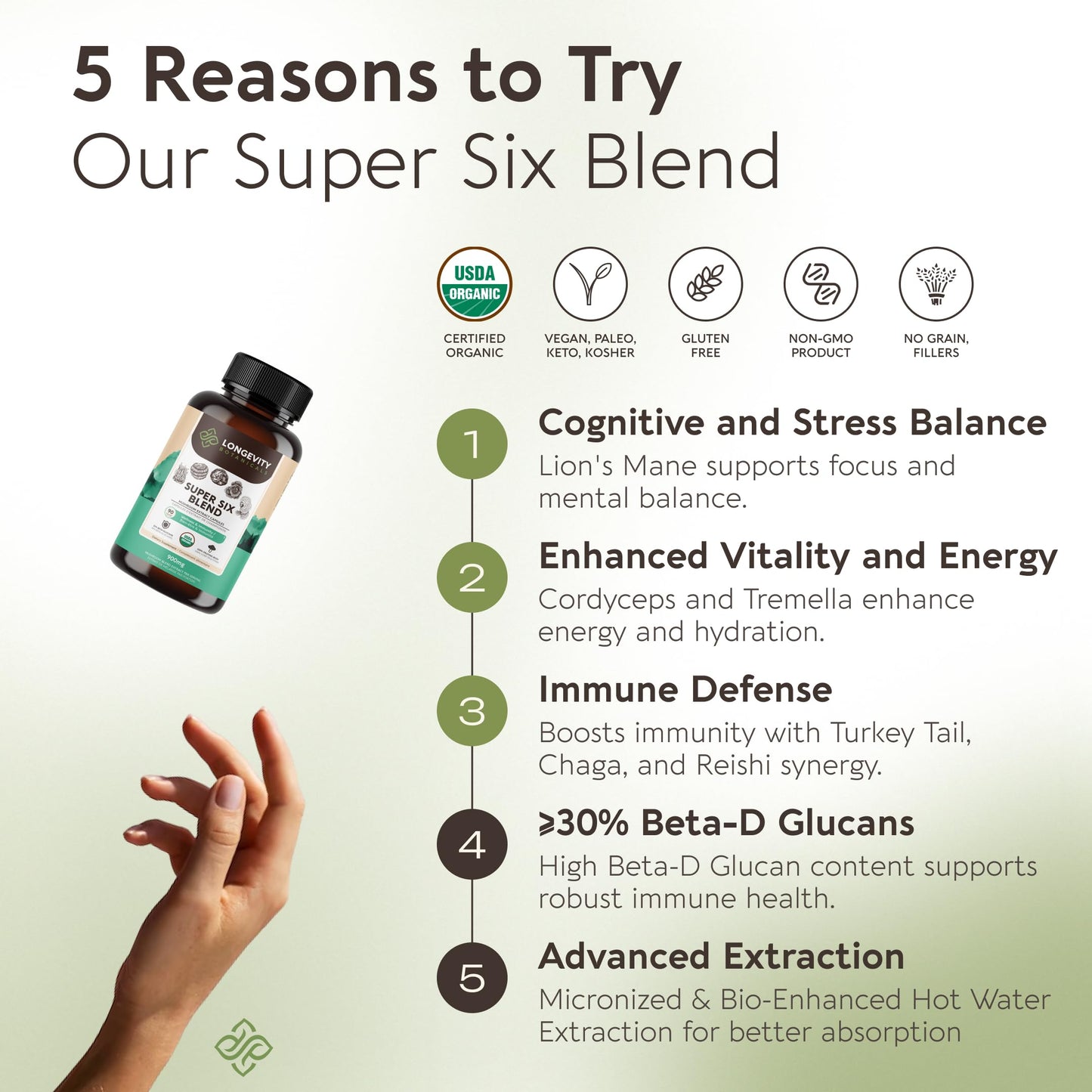 Longevity Botanicals Organic Super Six Mushroom Capsules 90 Capsules