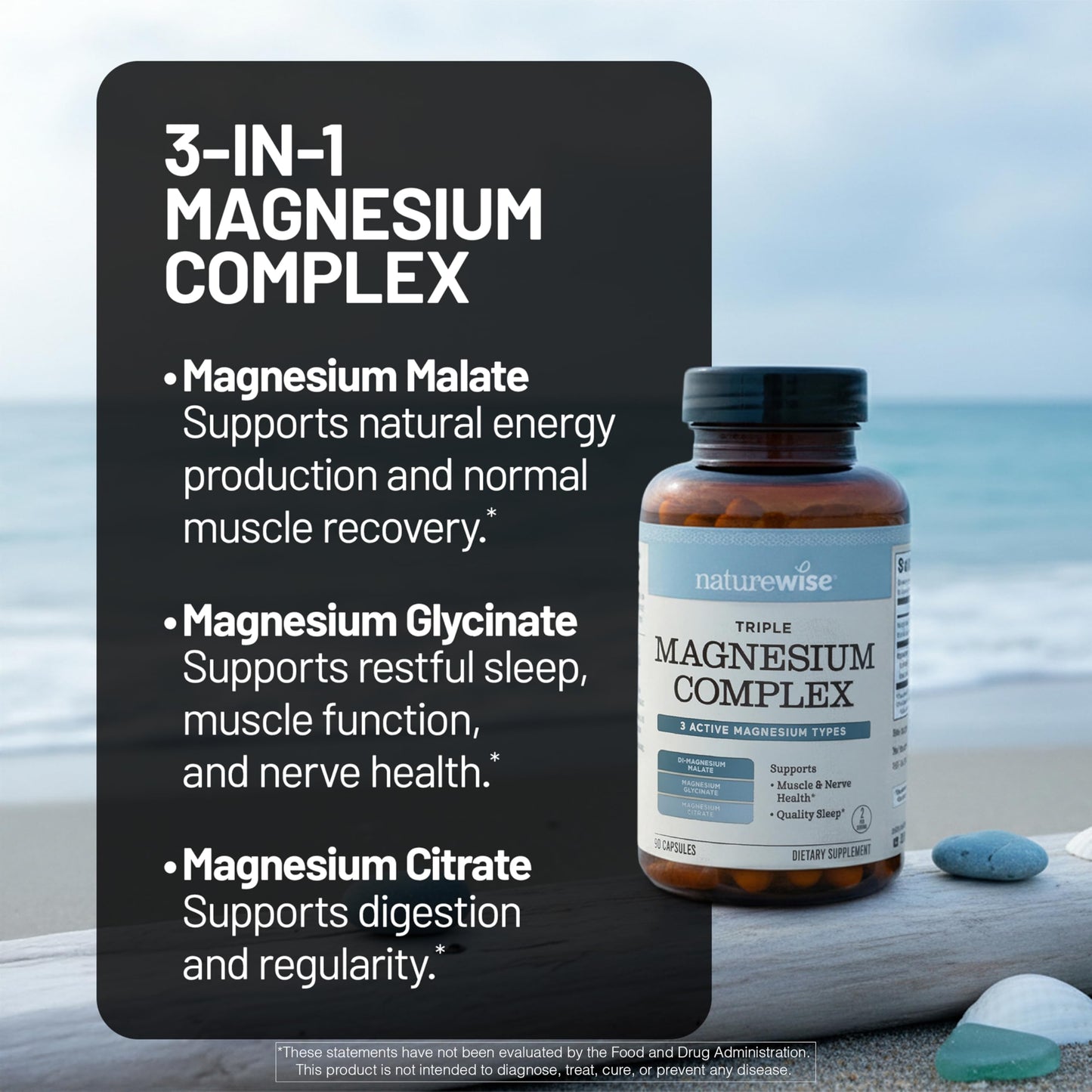 NatureWise Triple Magnesium Complex Capsules, Chelated High Absorption Magnesium Glycinate + Malate + Citrate, 90 Count