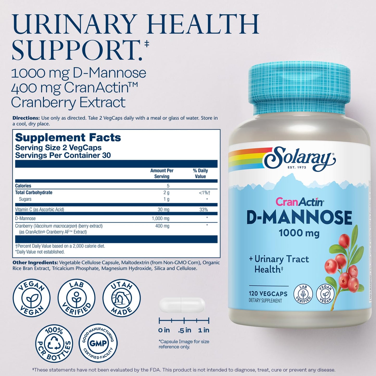 SOLARAY D-Mannose 1000mg with CranActin Cranberry Supplement 400mg Urinary Tract Health & Bladder Support Capsules, 120 VegCaps